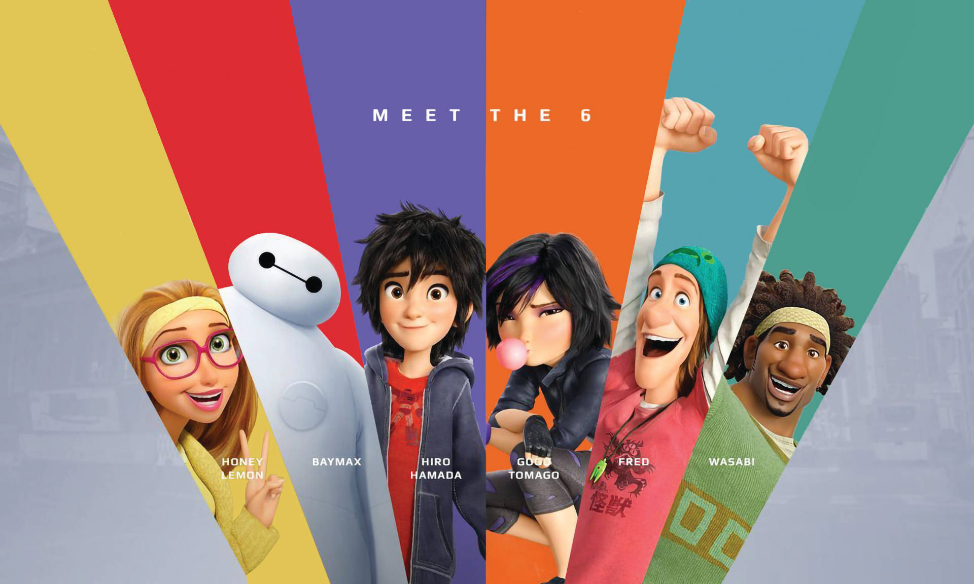 Big Hero 6, animated heroes, colorful diagonal panels, Full HD Desktop Wallpaper