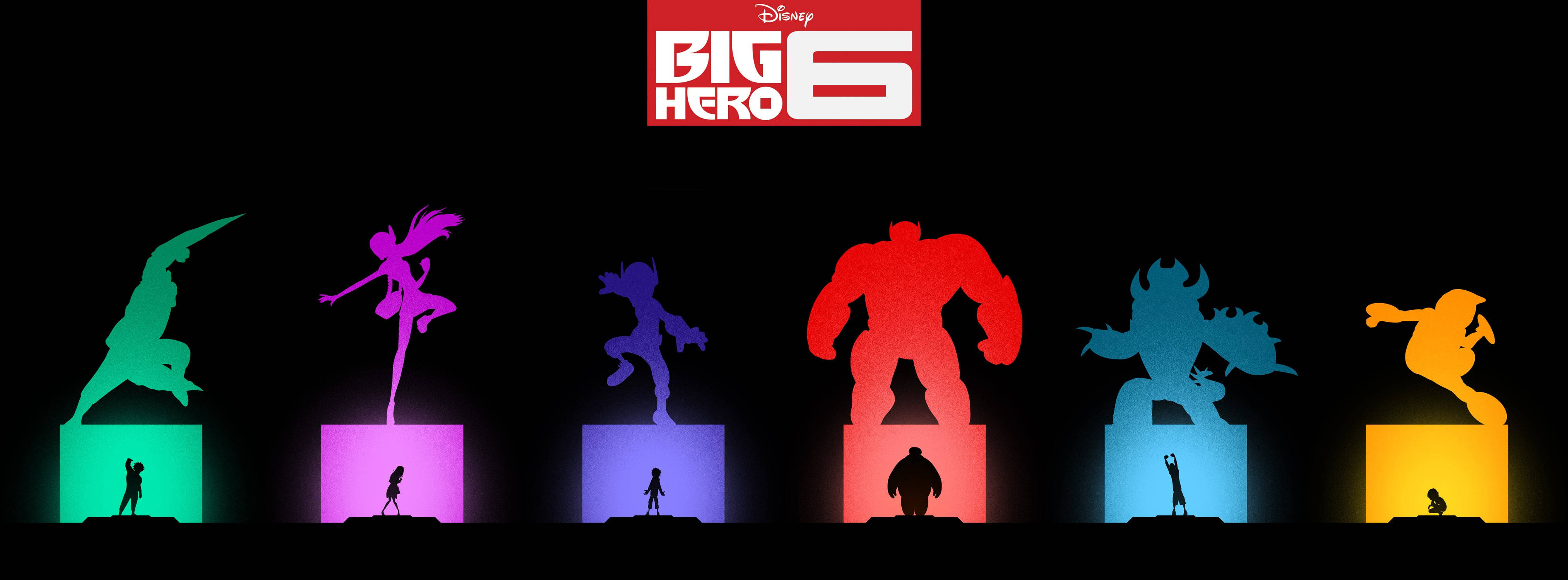 Big Hero 6, colorful silhouettes, glowing pedestals, 4K Desktop Wallpaper