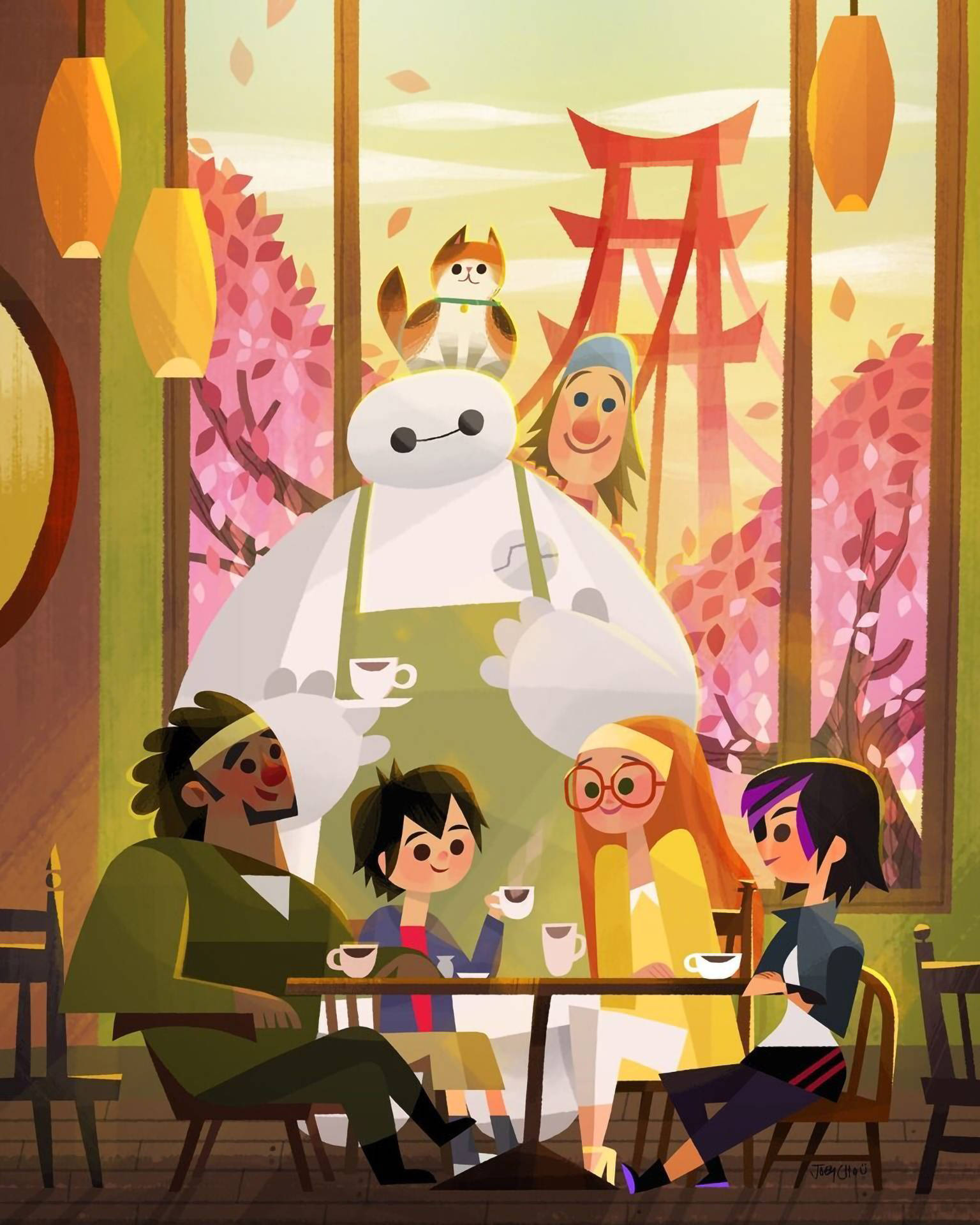Big Hero 6, cafe, cherry blossoms, Full HD Phone Wallpaper