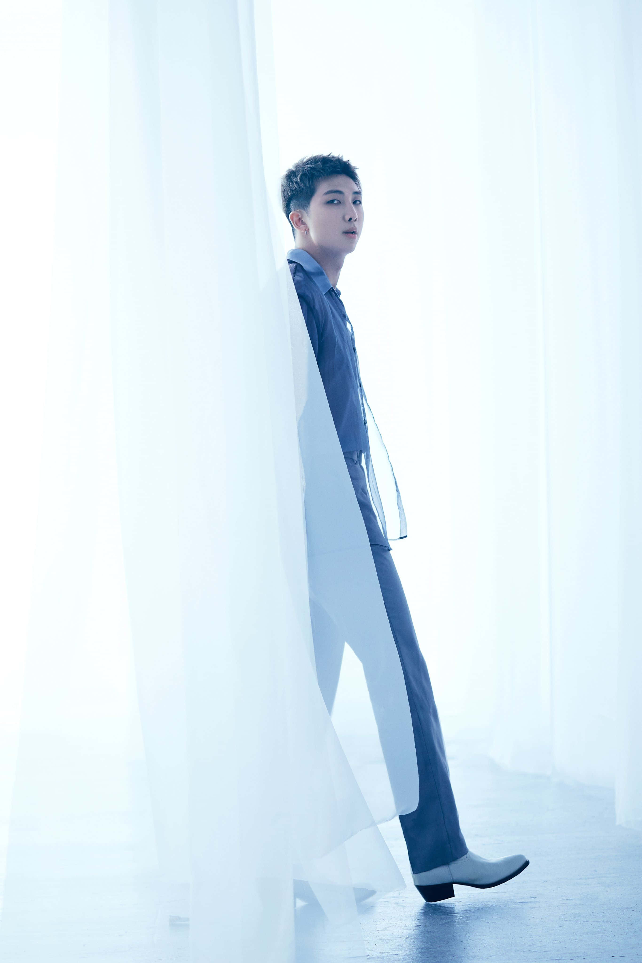 Big Hit Entertainment, blue suit, sheer white curtains, 4K Phone Wallpaper