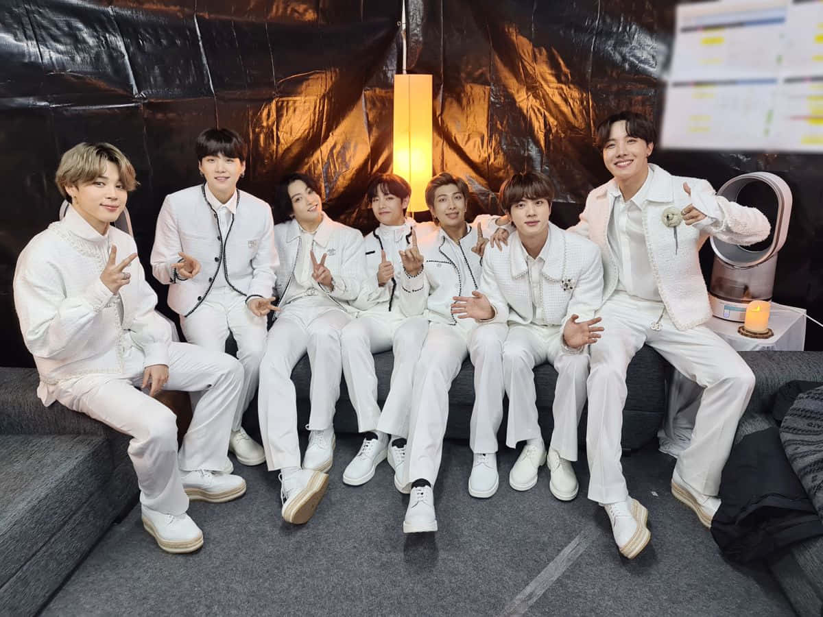 Big Hit Entertainment, white outfits, gray couch, SD Desktop Wallpaper