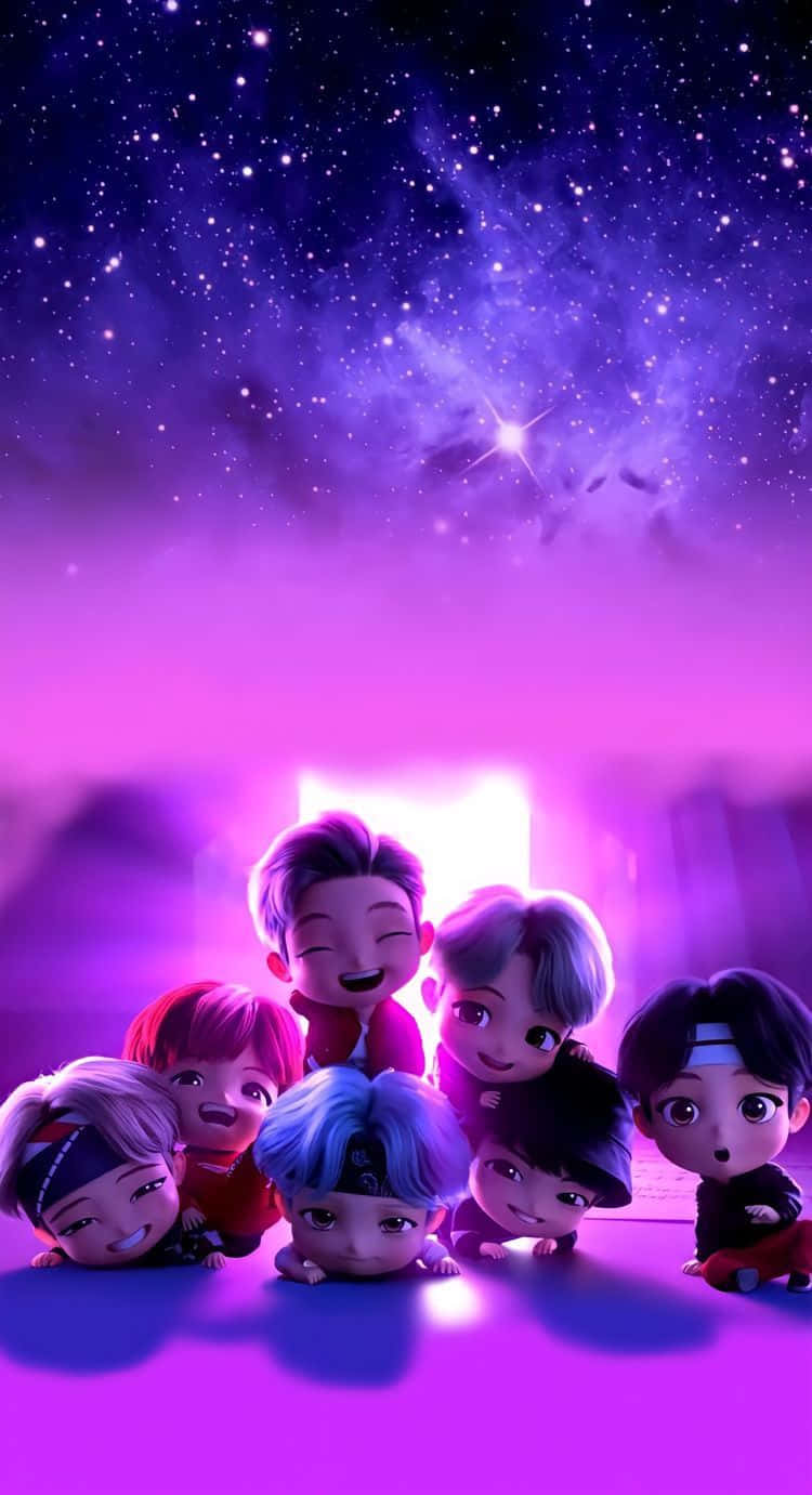 Big Hit Entertainment, chibi anime characters, vibrant purple starry sky, HD Phone Wallpaper