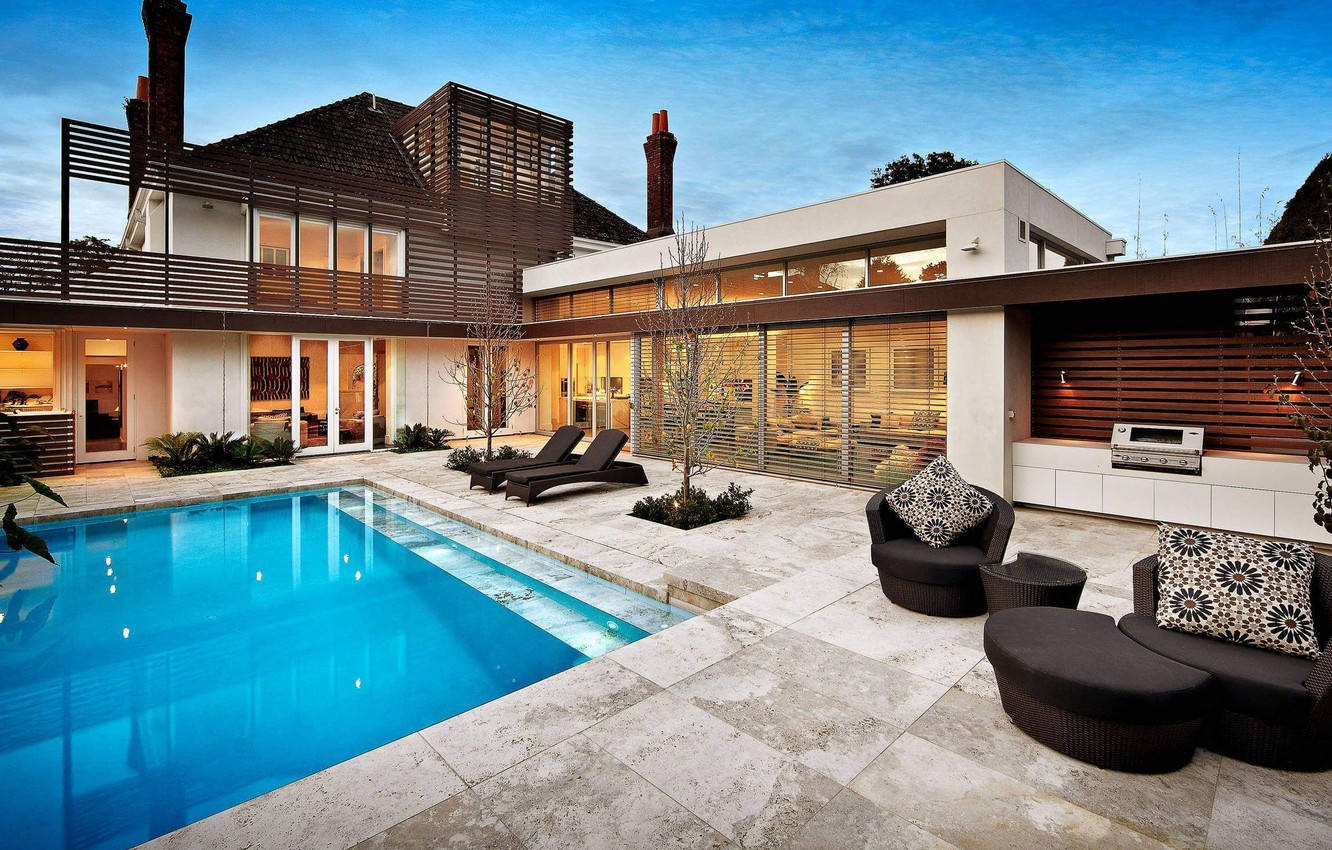Big House, glowing windows, vibrant blue pool, HD Desktop Wallpaper