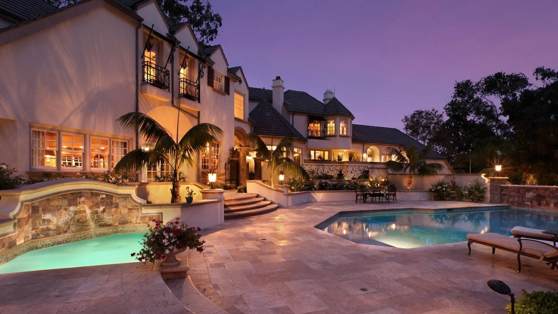 luxury pools mansion house, twilight sky, sparkling pool, Full HD Desktop Wallpaper