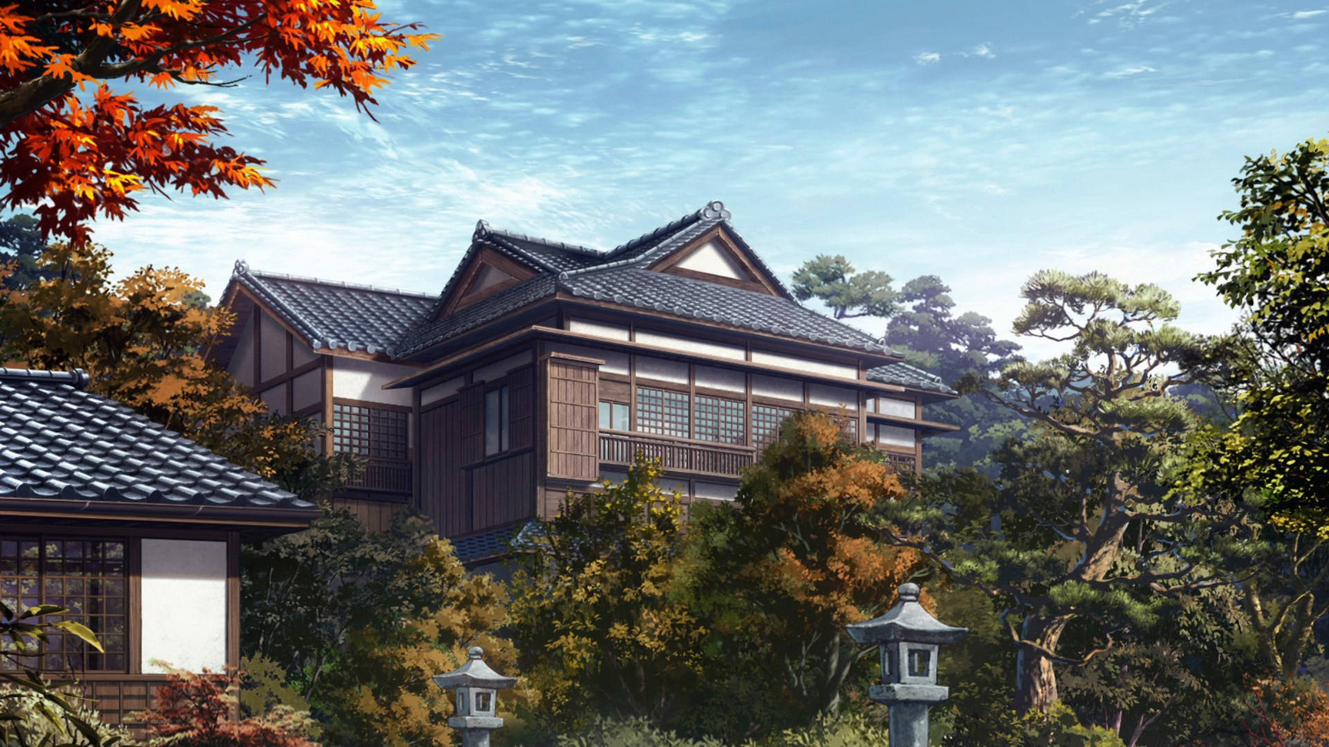 Japanese wooden house, tiled roof, autumn trees, Full HD Desktop Wallpaper