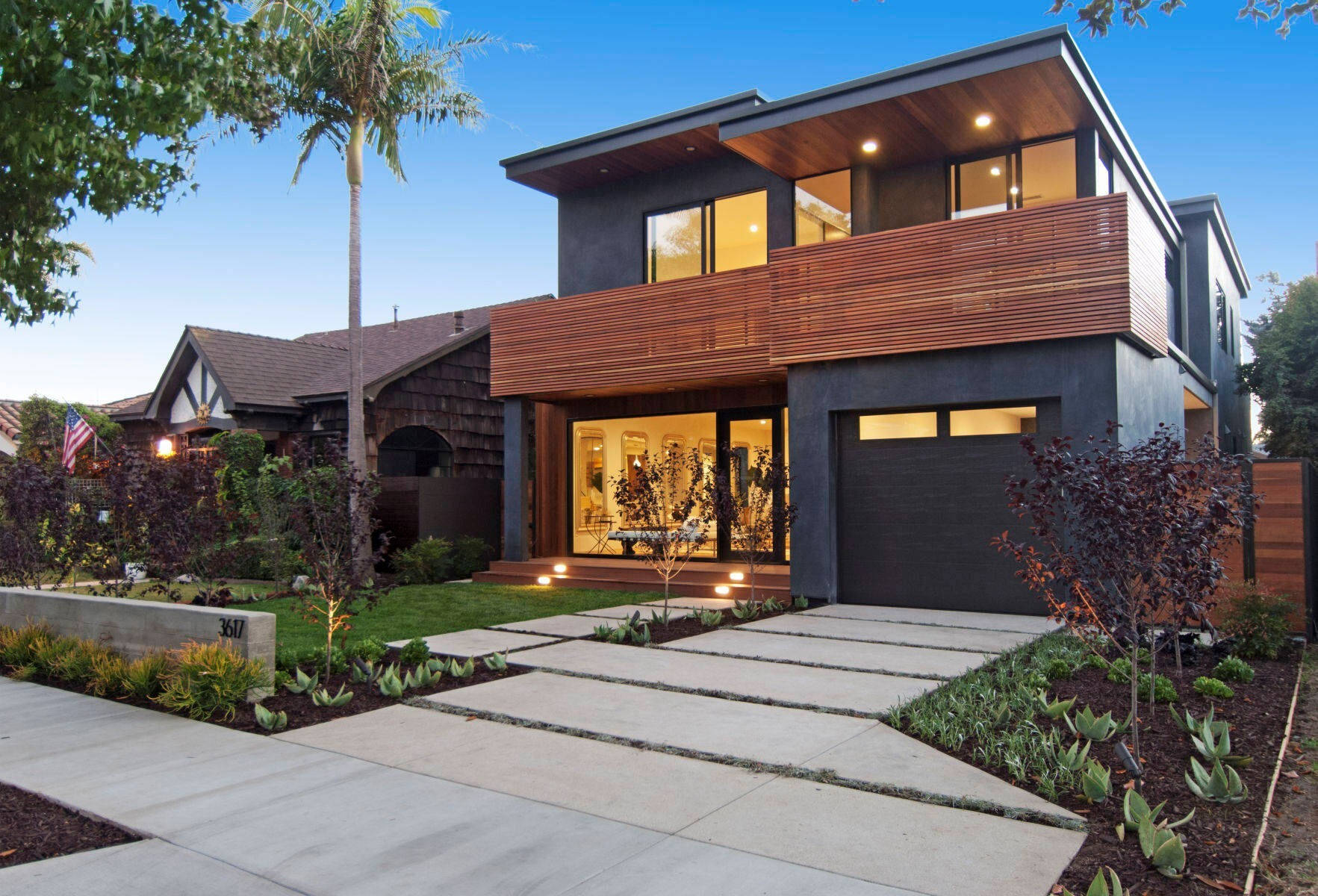 modern two-story house, dark gray walls, warm wooden accents, HD Desktop Wallpaper