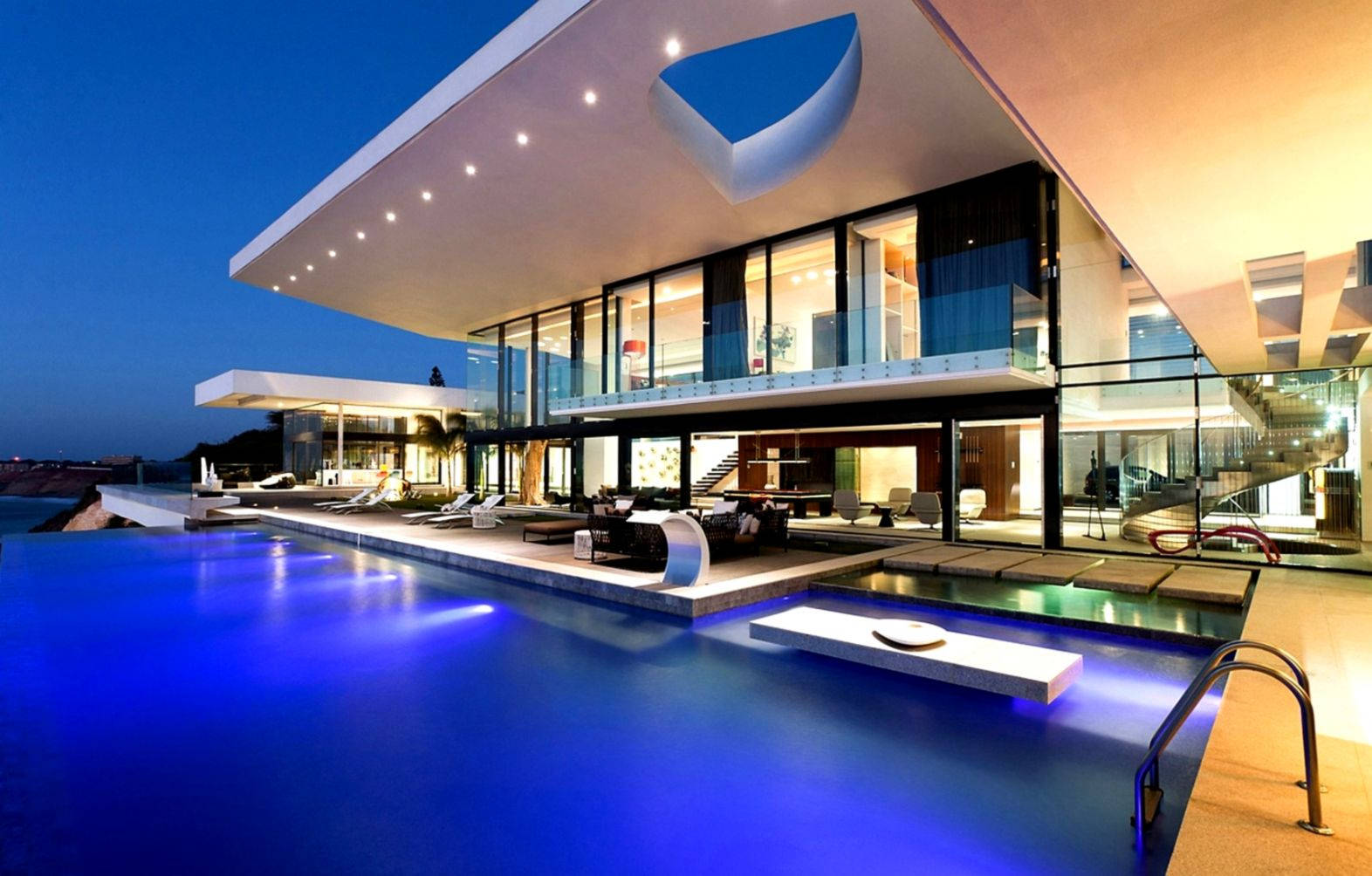 Big House, luminous pool, glowing blue infinity pool, HD Desktop Wallpaper