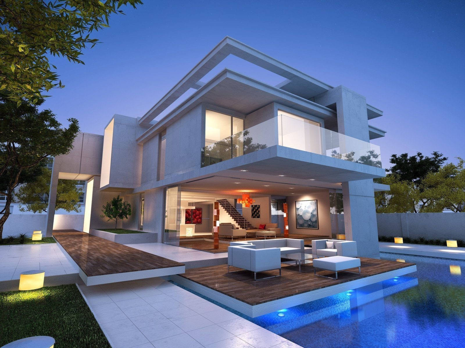 Big House, glass railing, glowing windows, HD Desktop Wallpaper