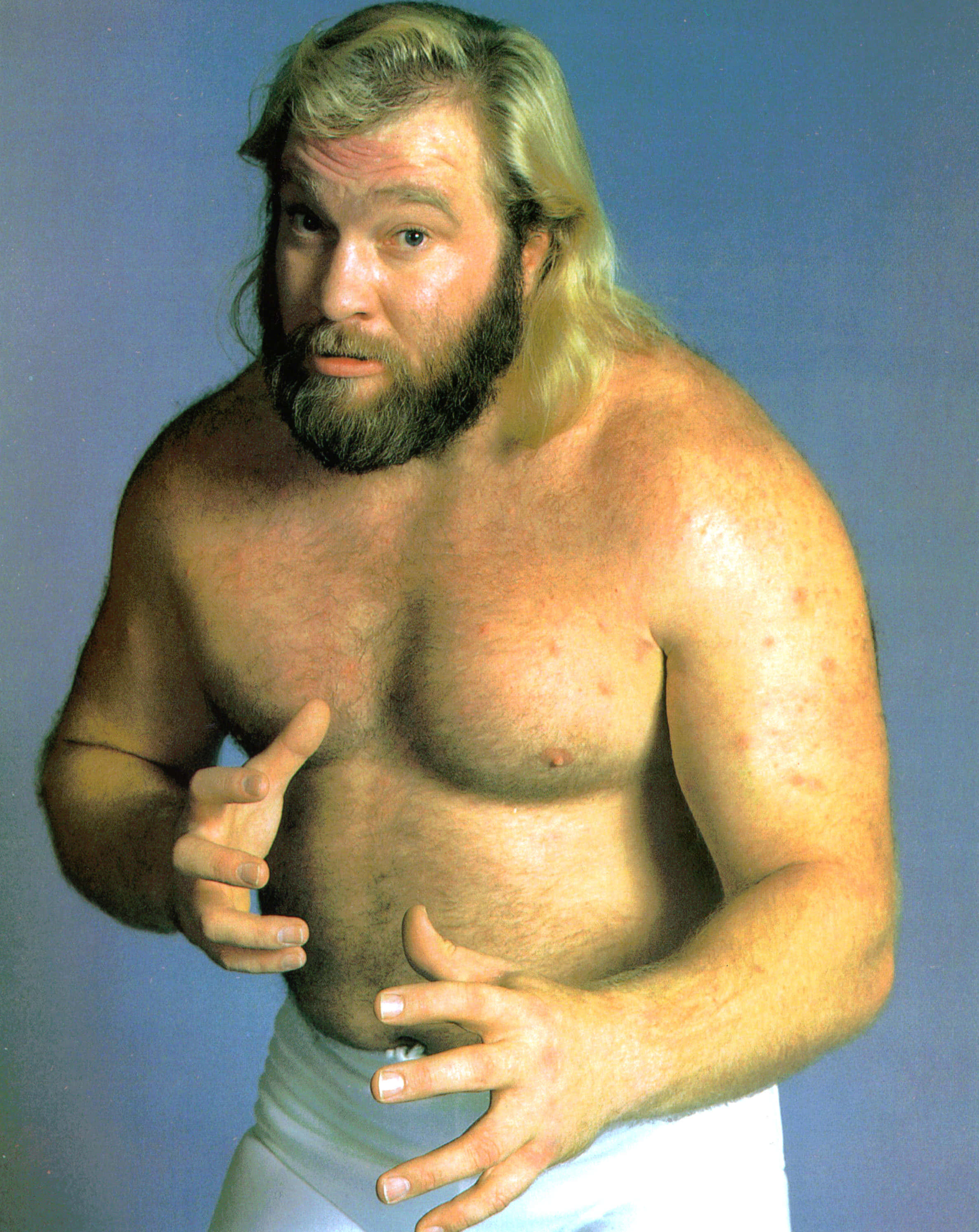 Big John Studd, blue studio background, muscular, 2K Phone Wallpaper