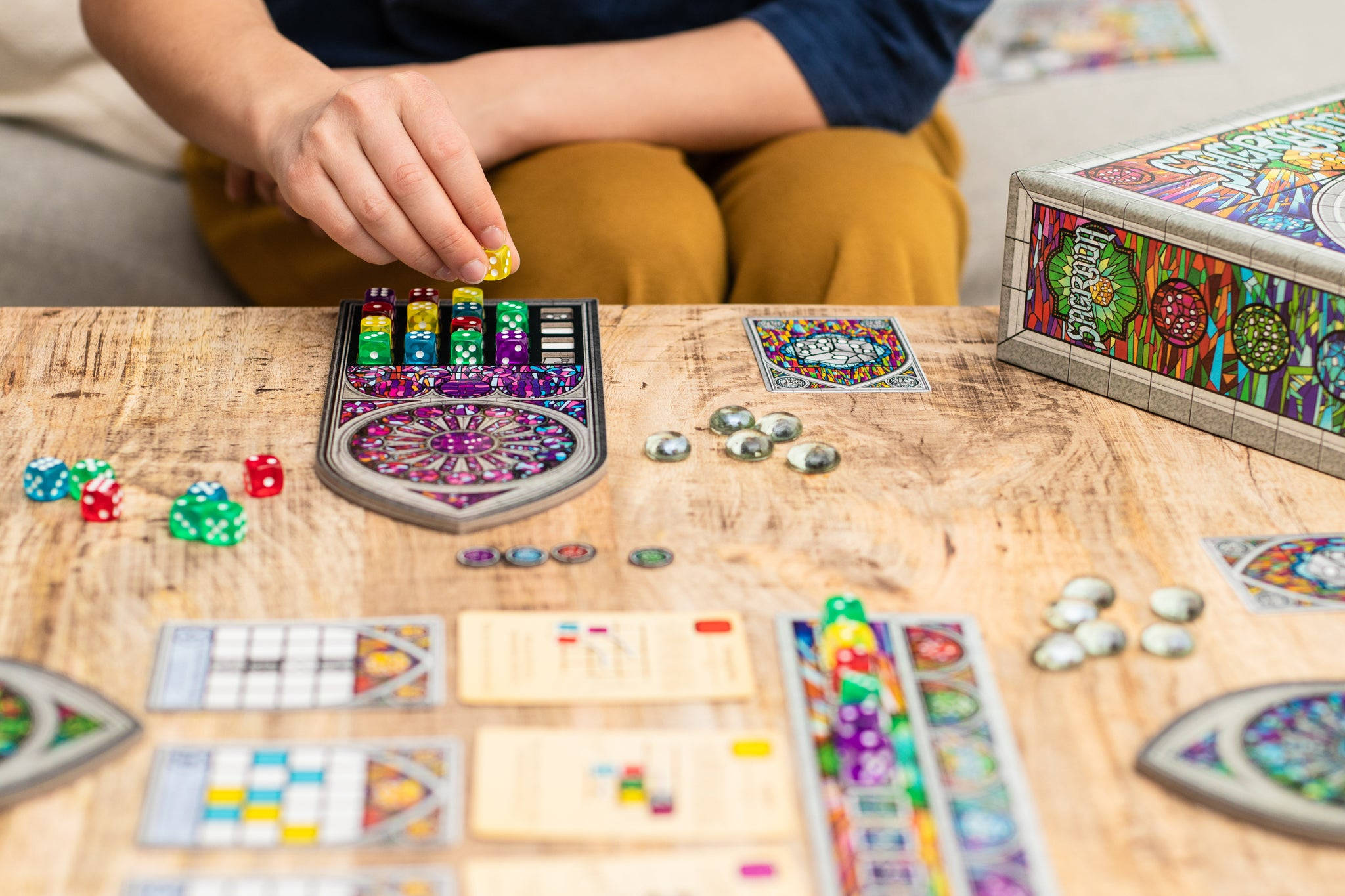 Big Two, stained-glass-themed board game, rustic wooden table, Full HD Desktop Wallpaper