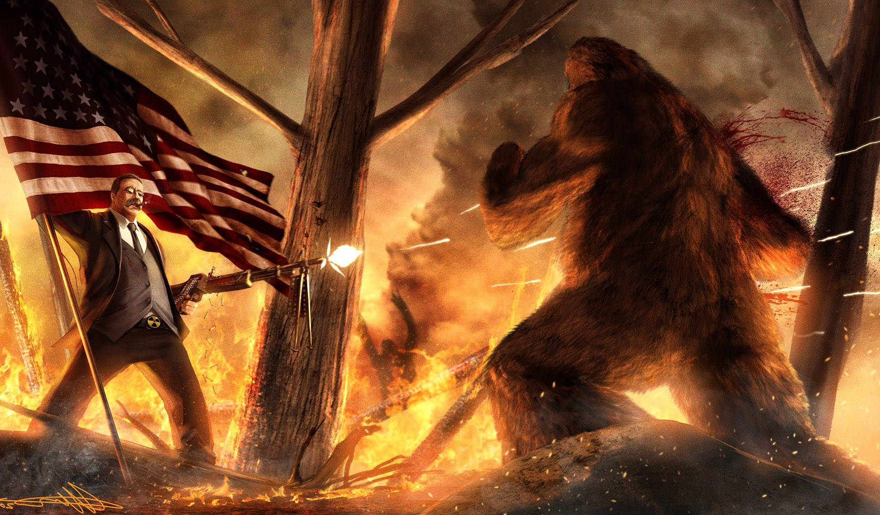 Bigfoot, American flag, flaming torch, HD Desktop Wallpaper