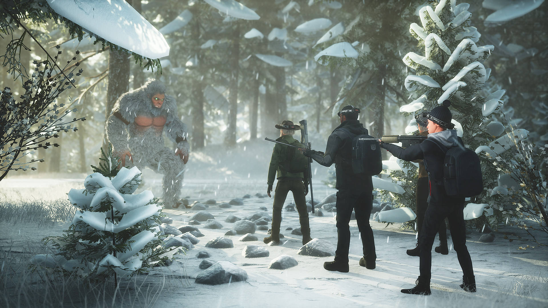 Bigfoot, snow-covered forest, winter gear, Full HD Desktop Wallpaper