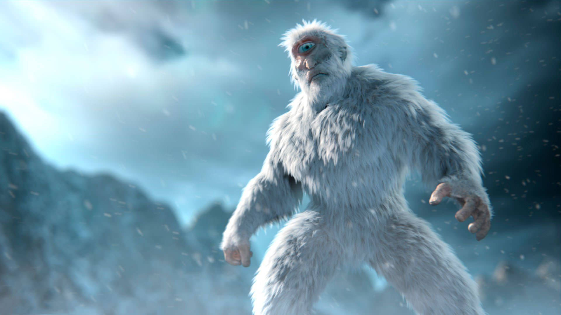 Bigfoot, white-furred Yeti, snowy mountain landscape, Full HD Desktop Wallpaper