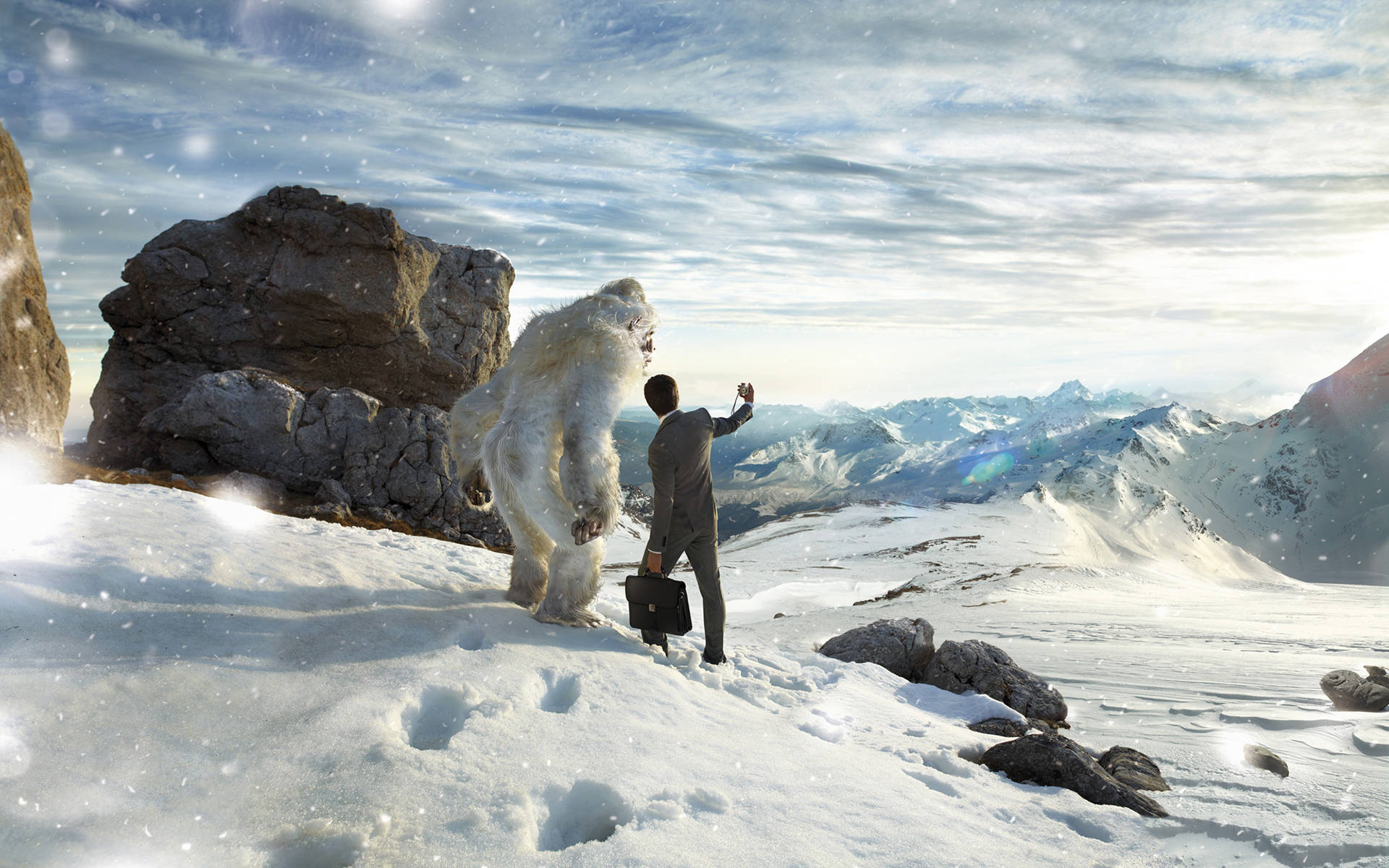 Bigfoot, snowy mountain peak, giant white yeti, Full HD Desktop Wallpaper