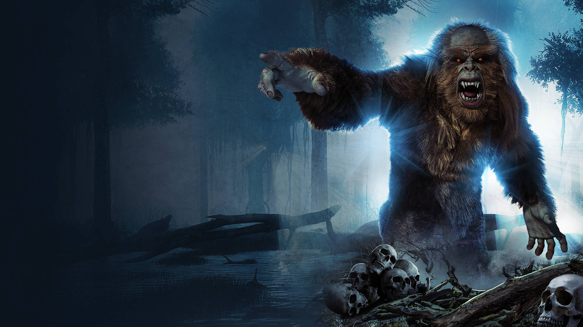 Bigfoot, glowing red eyes, misty forest, Full HD Desktop Wallpaper