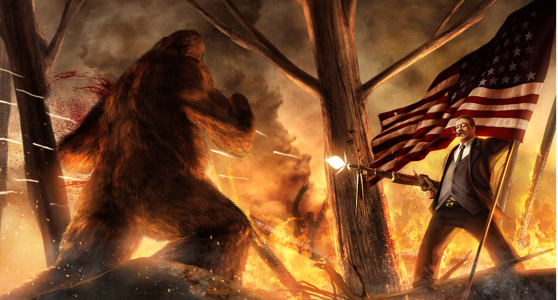 Bigfoot, man with gun, forest, Full HD Desktop Wallpaper