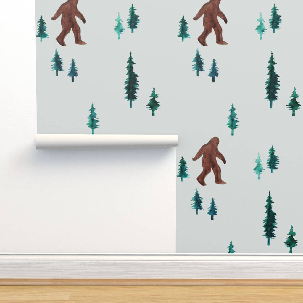 Bigfoot, brown bigfoot figures, green pine trees, SD Desktop Wallpaper