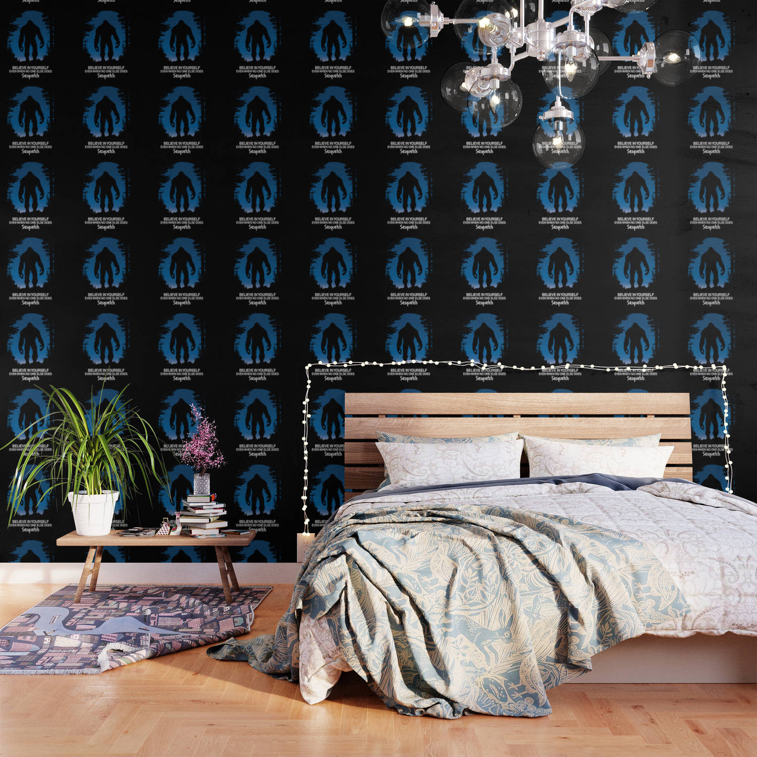 Bigfoot, blue Sasquatch silhouettes, glass chandelier, HD Desktop Wallpaper