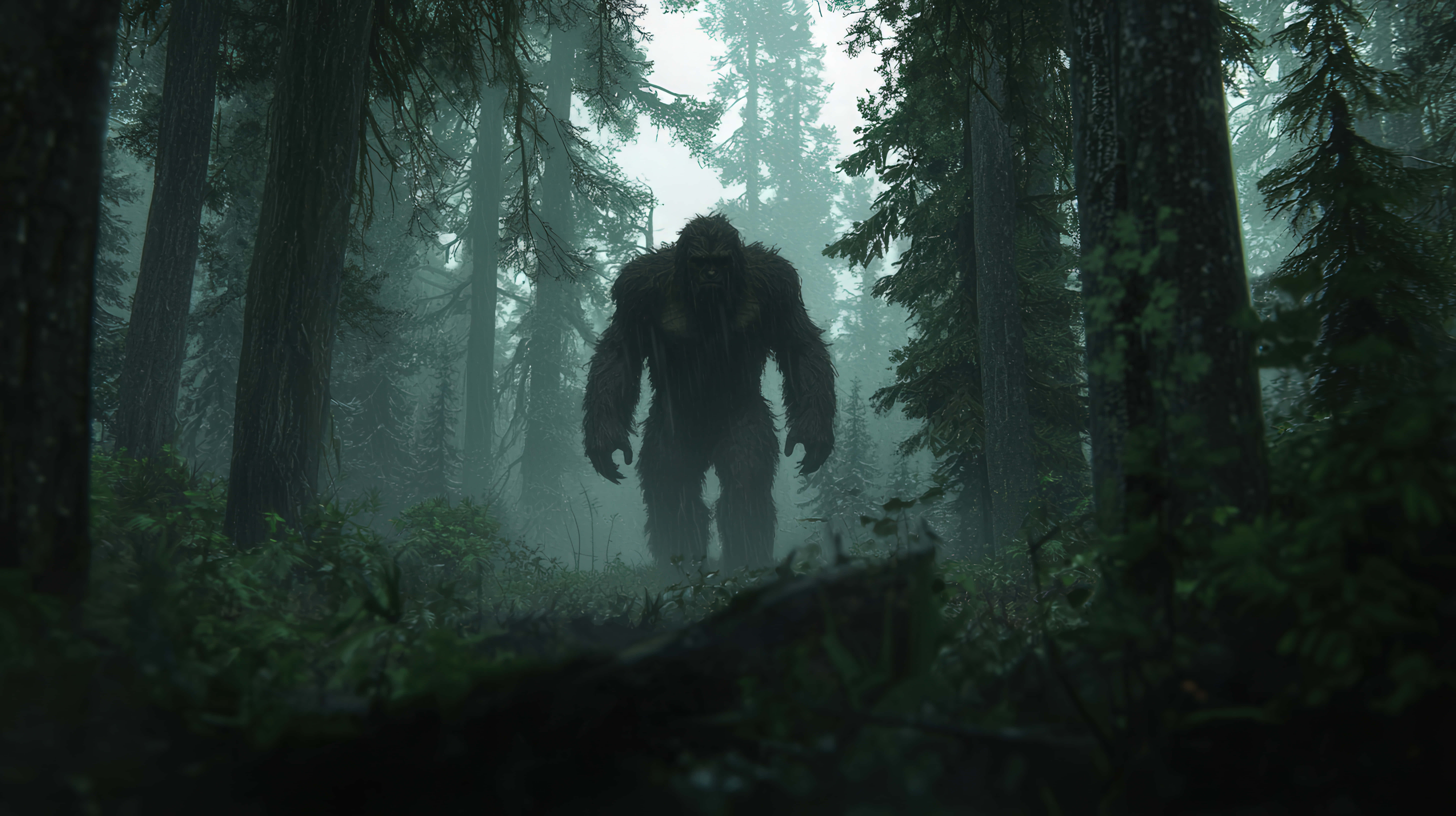 Bigfoot, foggy forest, towering pine trees, 8K Desktop Wallpaper
