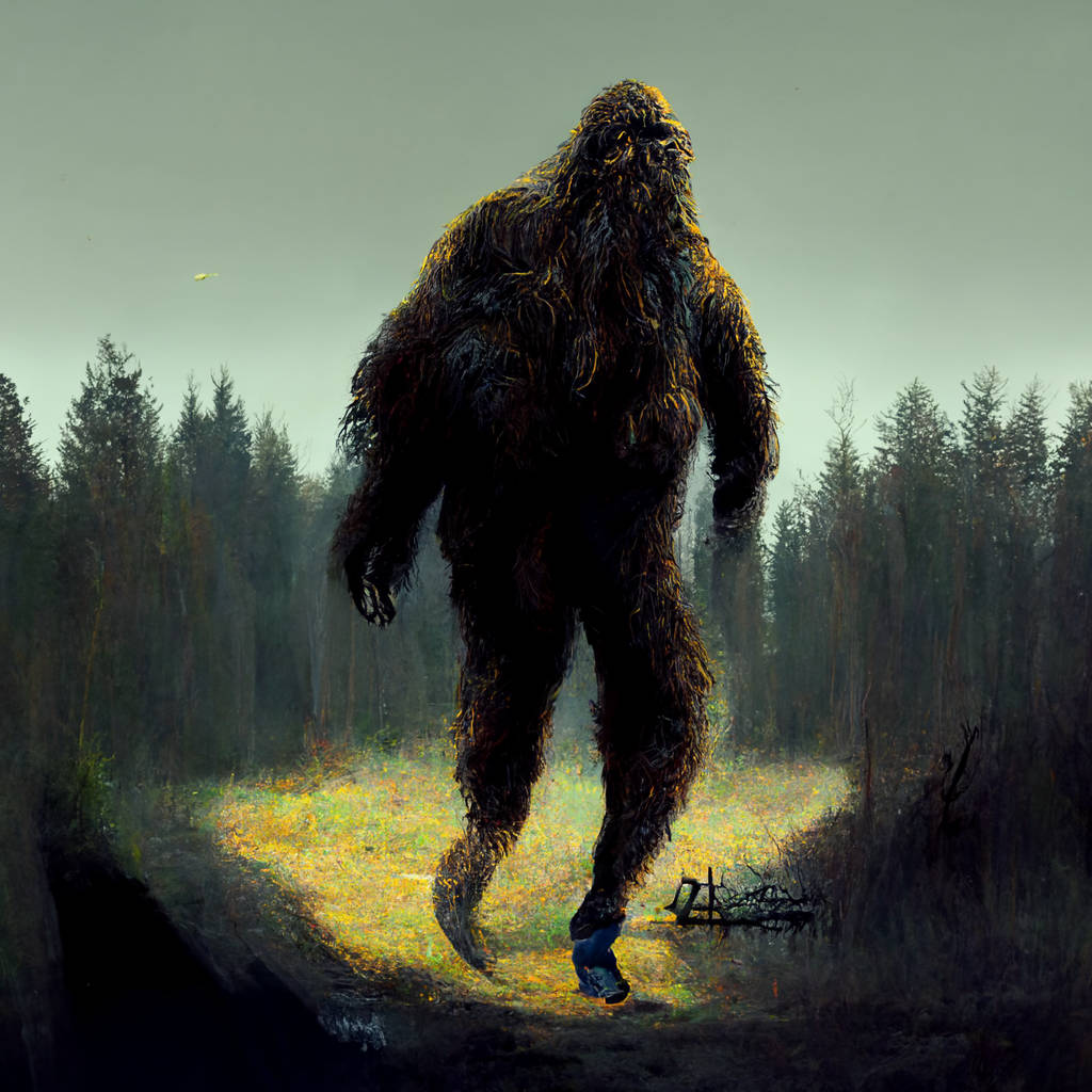 Bigfoot, misty forest clearing, eerie golden light, SD Desktop Wallpaper