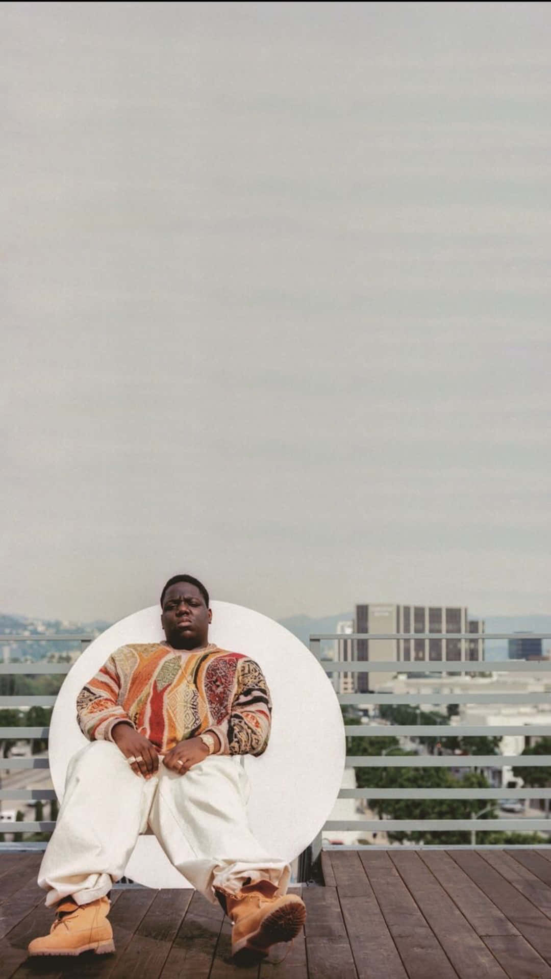 Biggie Smalls, colorful patterned sweater, white circular chair, Full HD Phone Wallpaper