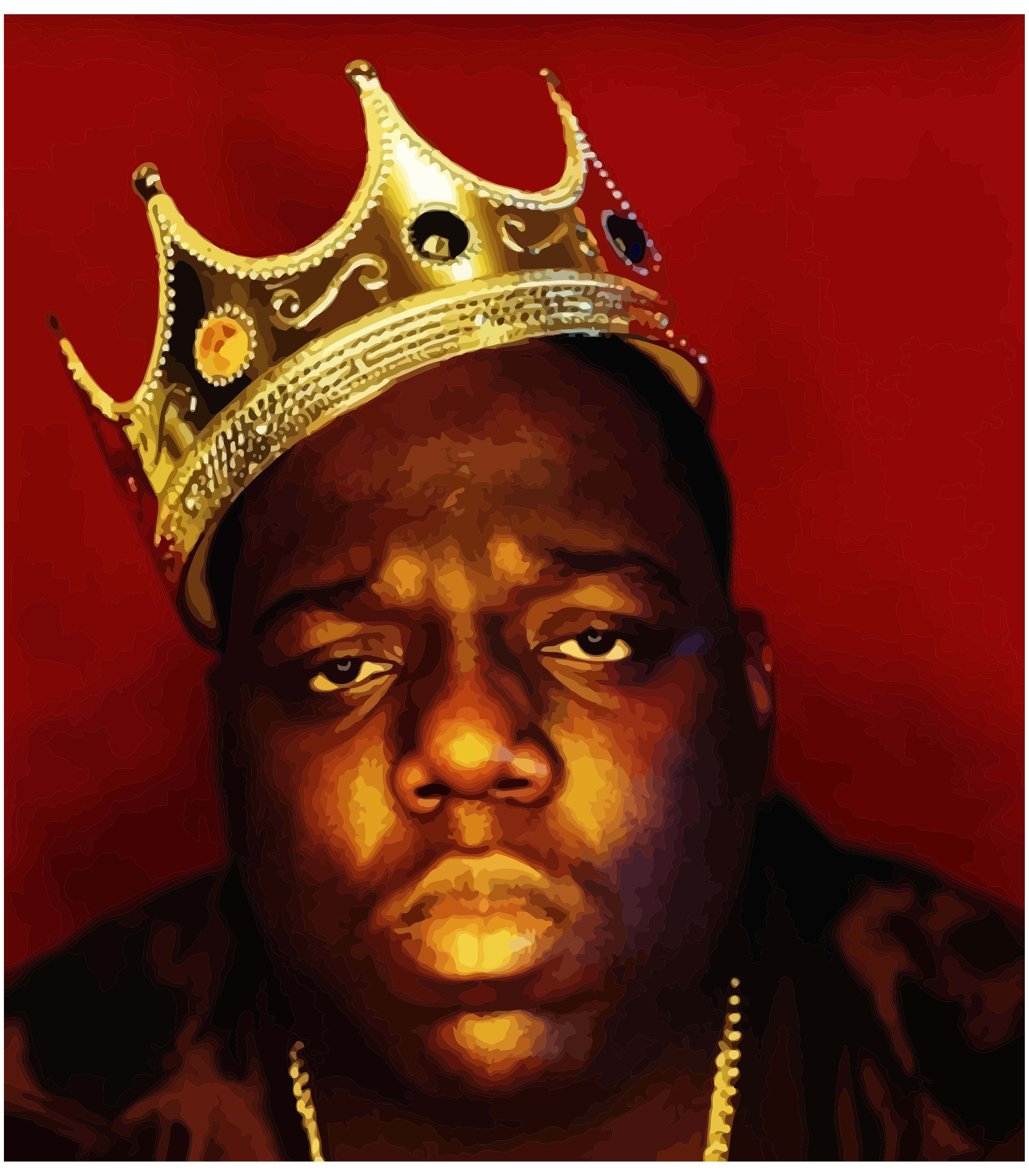 Biggie Smalls, golden crown, deep red background, 4K Phone Wallpaper