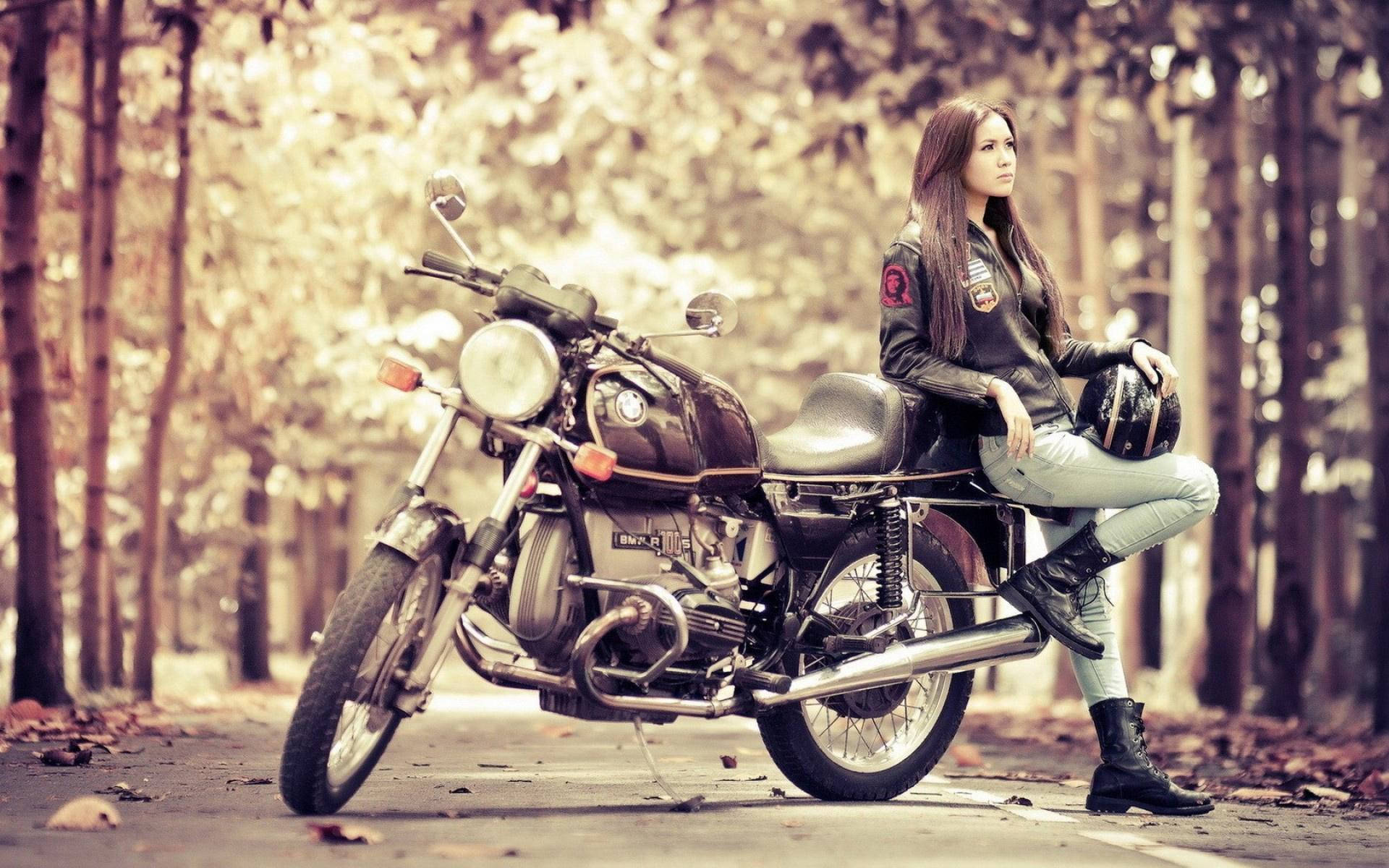 vintage motorcycle, leather jacket, forest road, Full HD Desktop Wallpaper