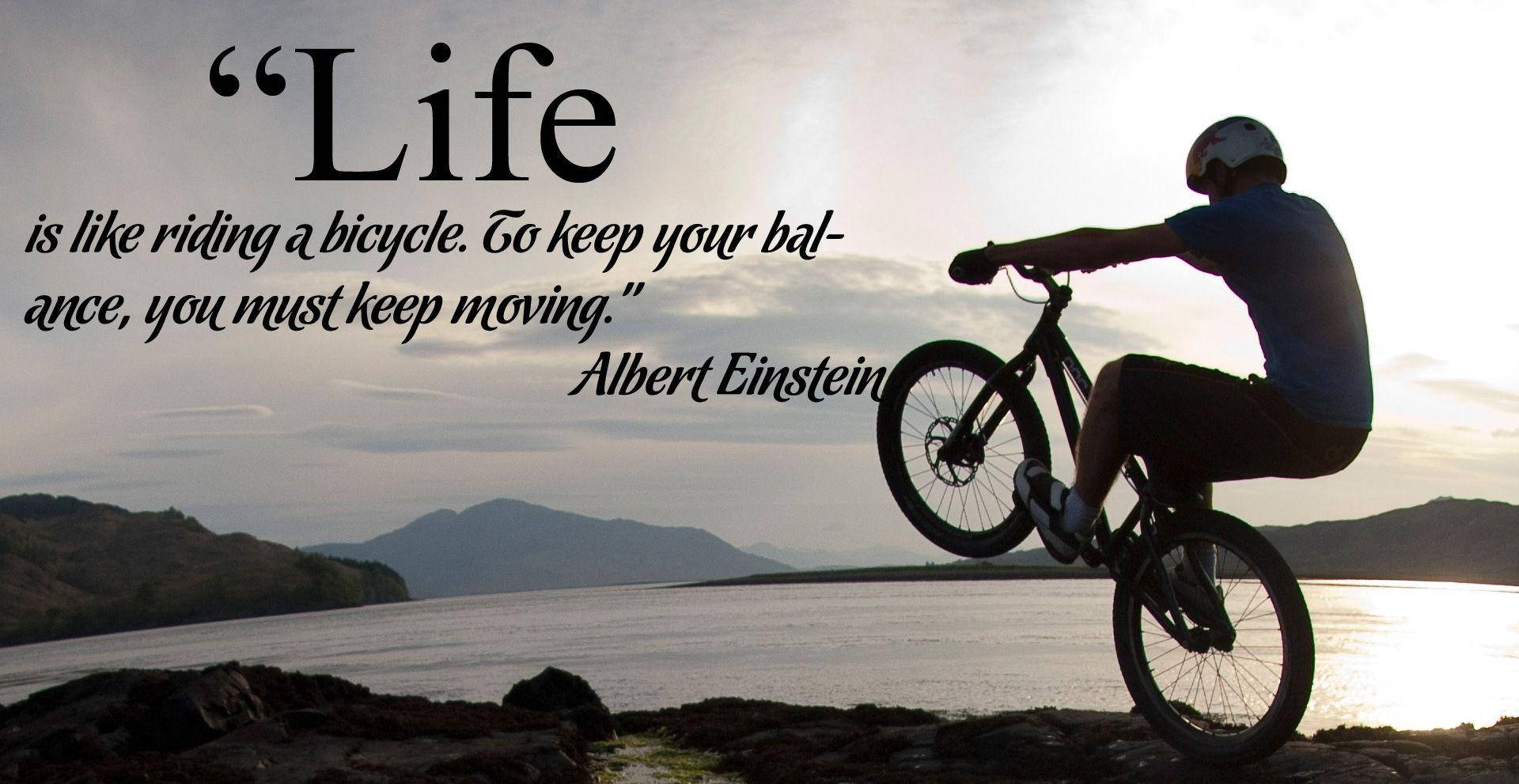 Einstein quote, wheelie, rocky shore, Full HD Desktop Wallpaper