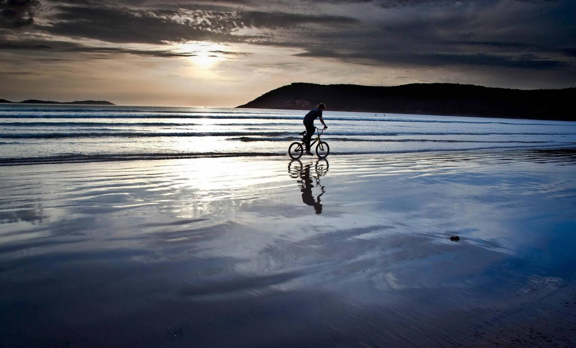 coastal bike ride, wet beach, sunset, Full HD Desktop Wallpaper