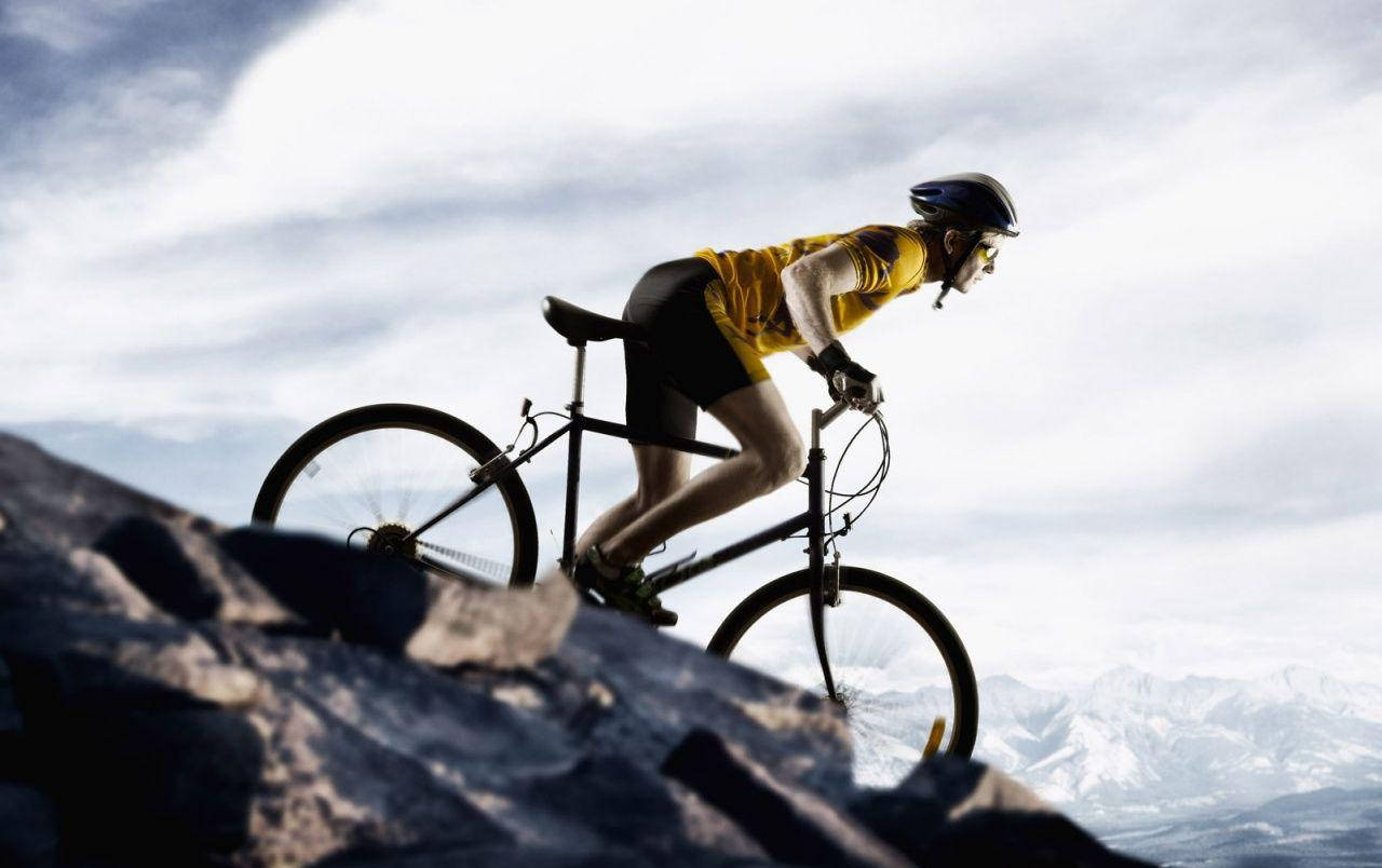 mountain bike, rocky terrain, snow-capped mountains, HD Desktop Wallpaper