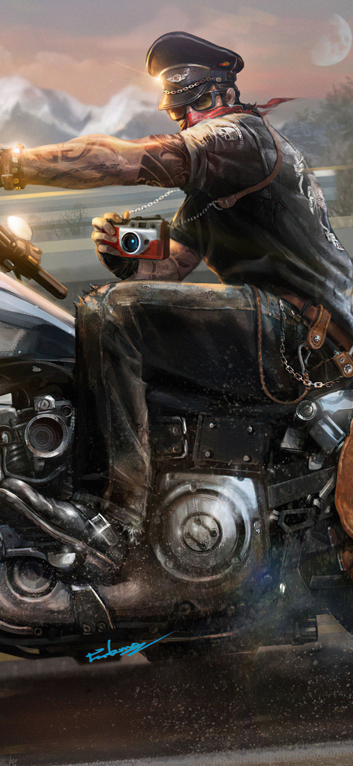 tattooed biker, cap, rugged motorcycle, Full HD Phone Wallpaper
