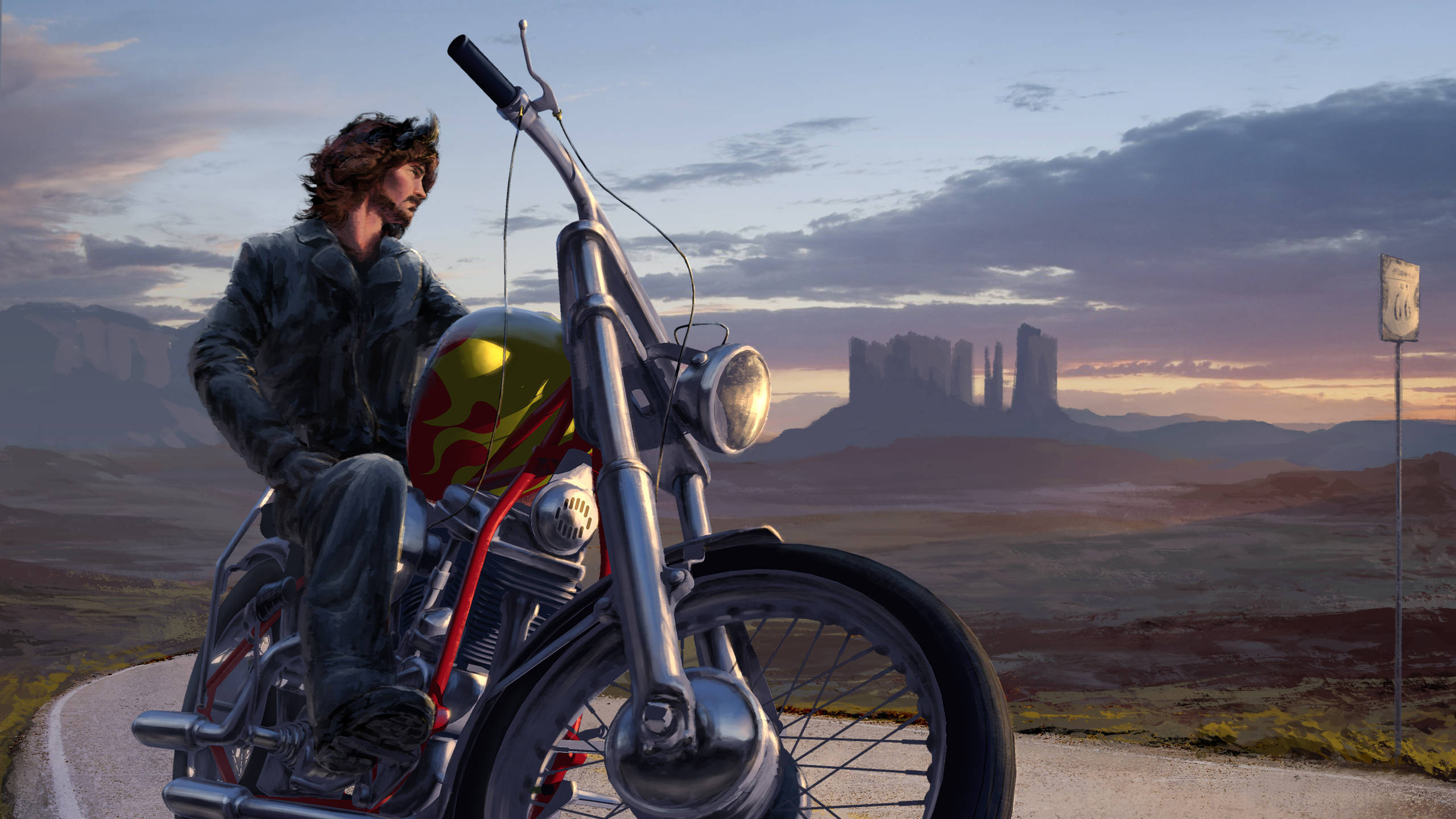chrome motorcycle, desert road, sunset, 2K Desktop Wallpaper