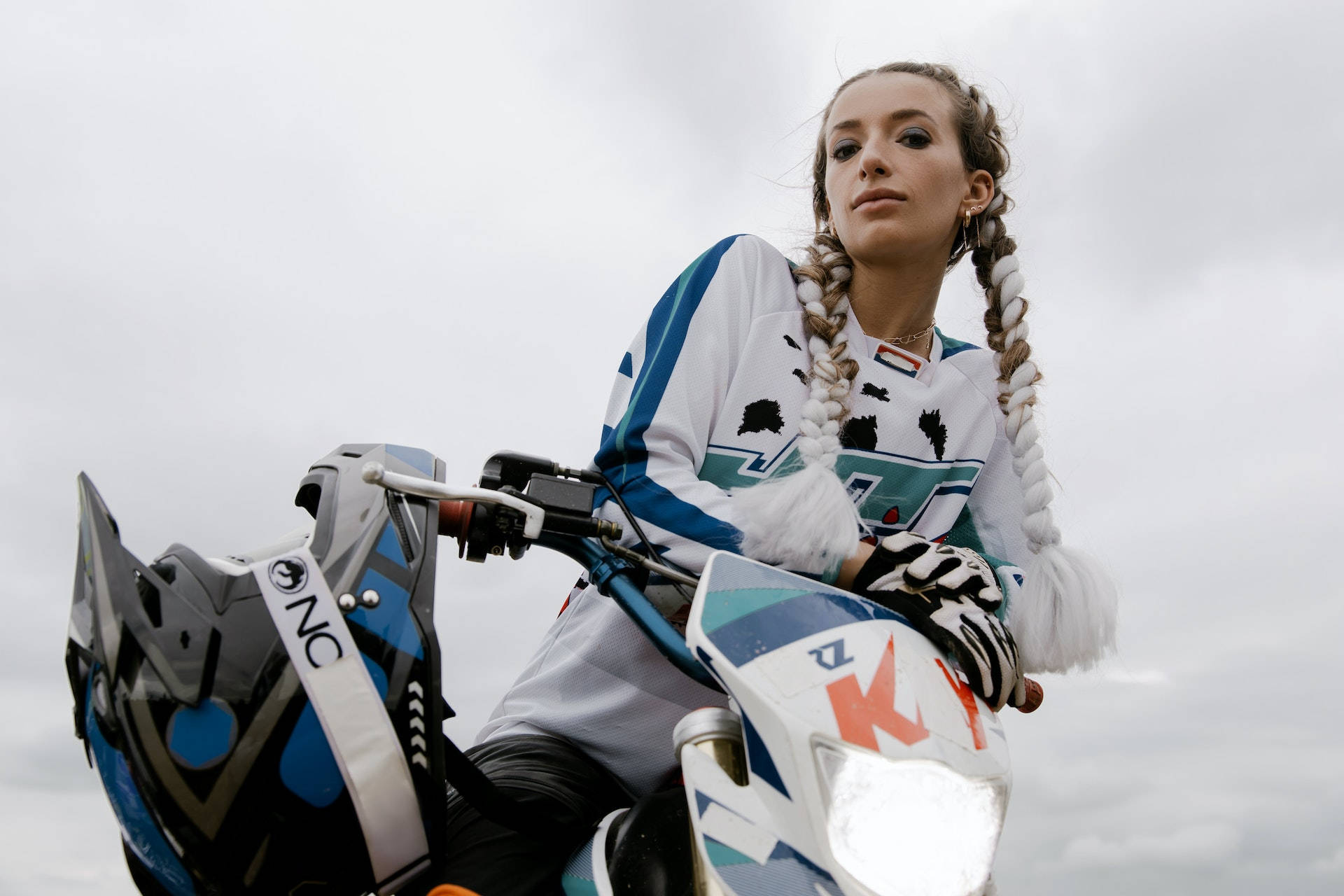 female motocross rider, braided hair, bike, Full HD Desktop Wallpaper
