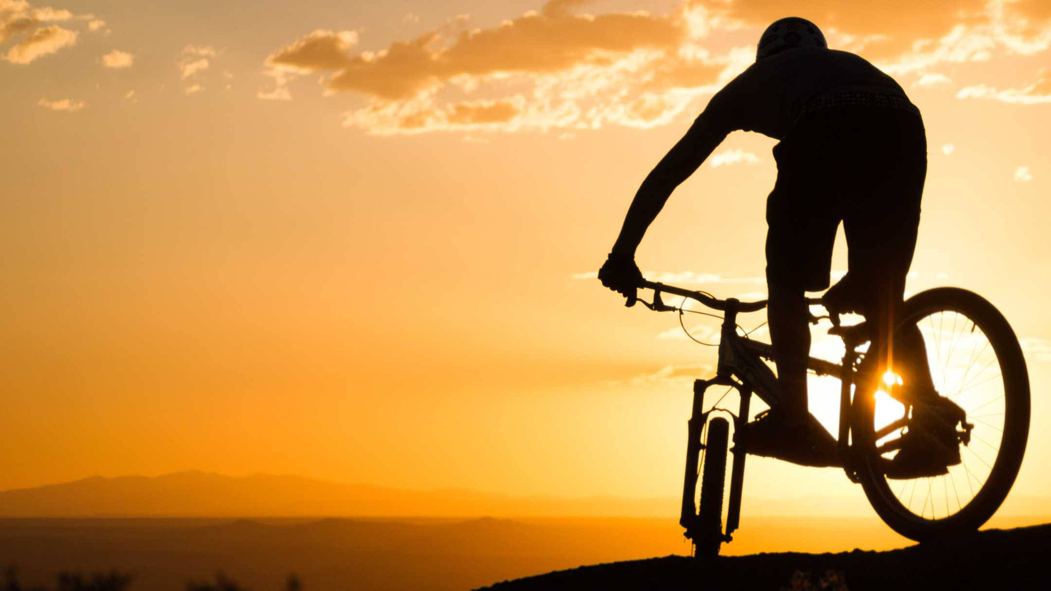 mountain bike, sunset, golden sky, Full HD Desktop Wallpaper