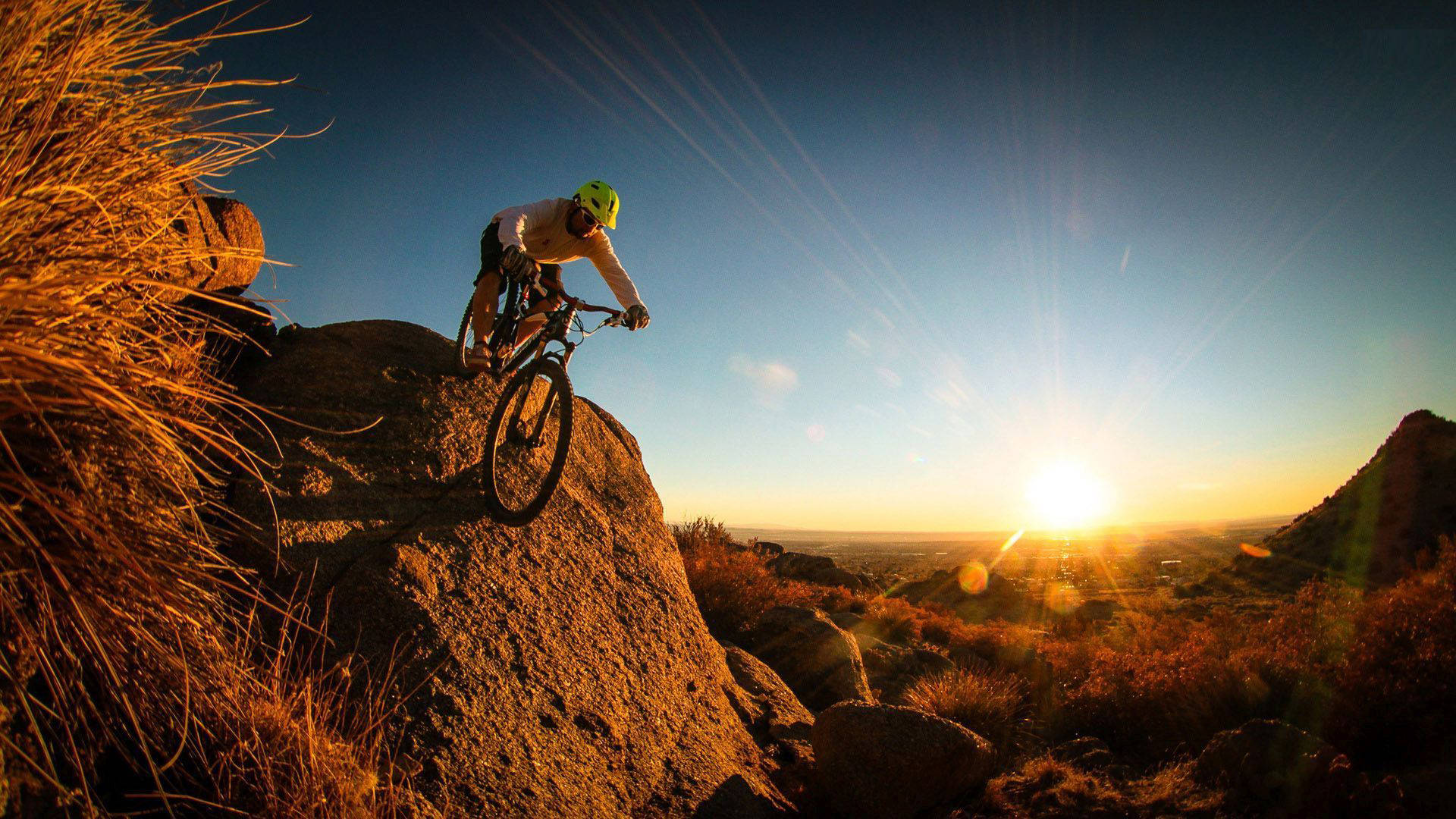 mountain biker, bright helmet, rocky ridge, Full HD Desktop Wallpaper