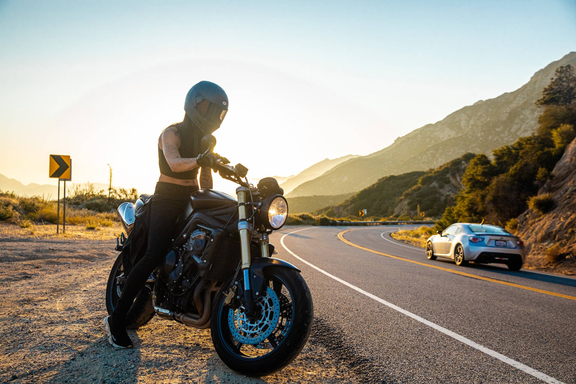 motorcyclist, full gear, winding mountain road, Full HD Desktop Wallpaper