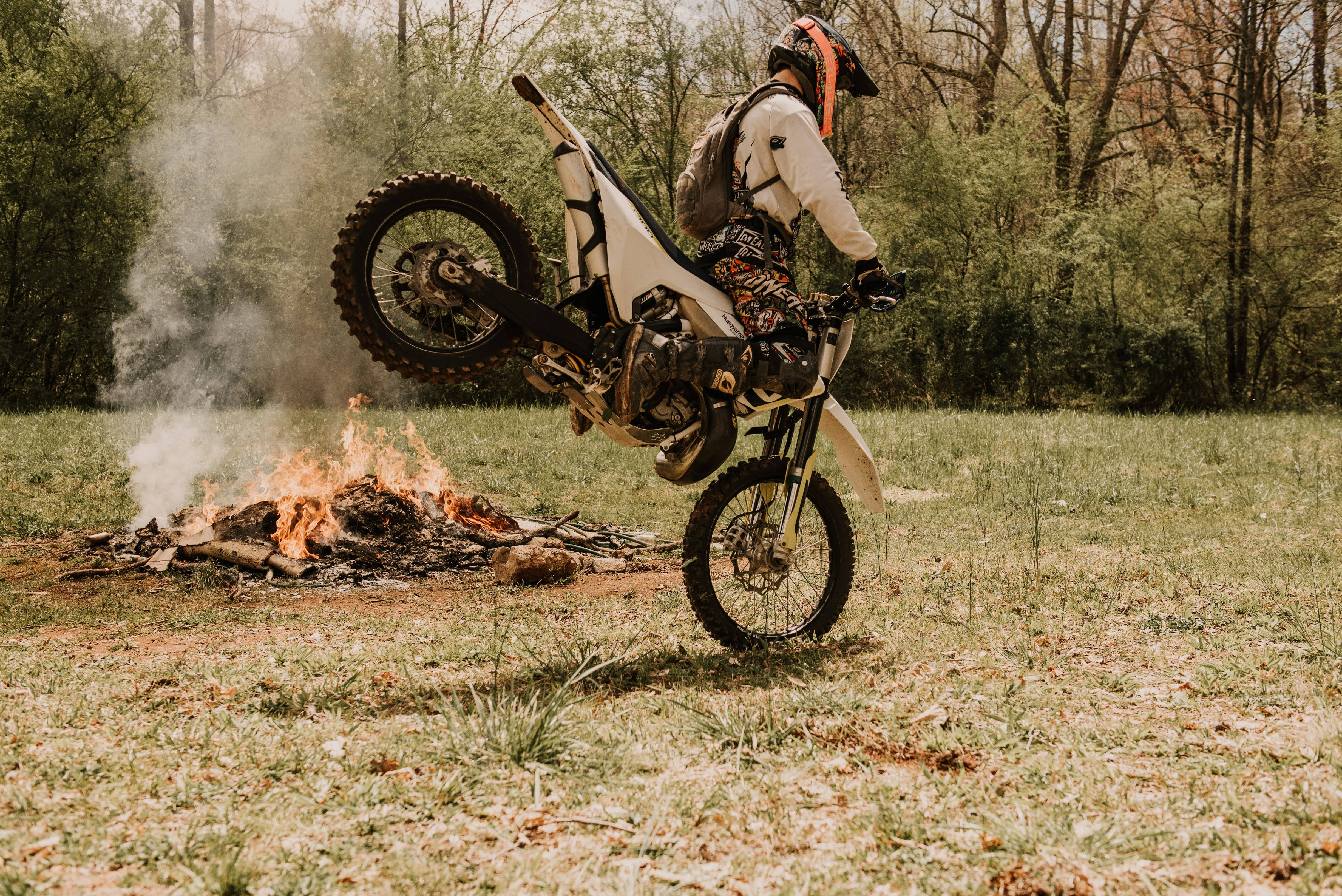 dirt bike, motocross rider, campfire, 4K Desktop Wallpaper
