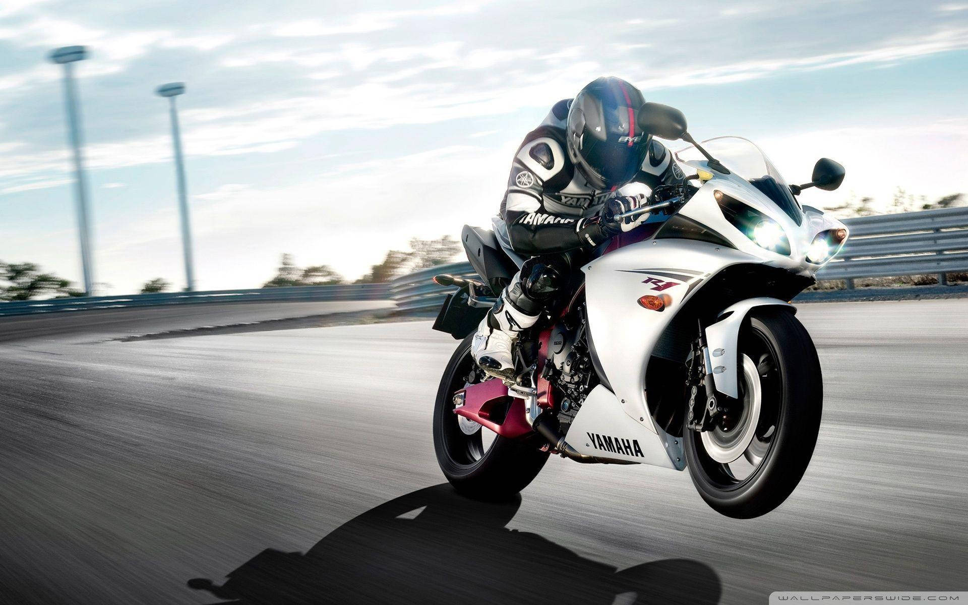 white Yamaha YZF-R6, racetrack, bright sky, Full HD Desktop Wallpaper