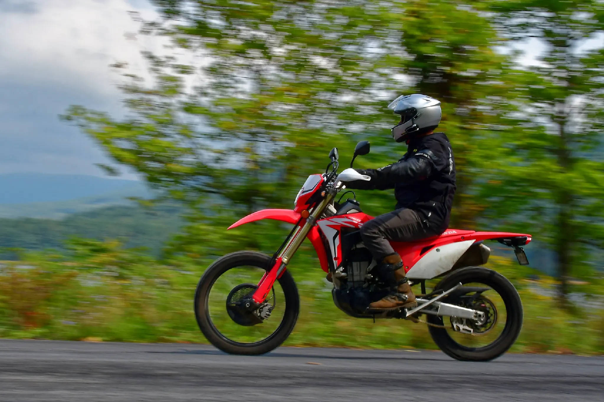 red dirt bike, black gear, winding road, Full HD Desktop Wallpaper