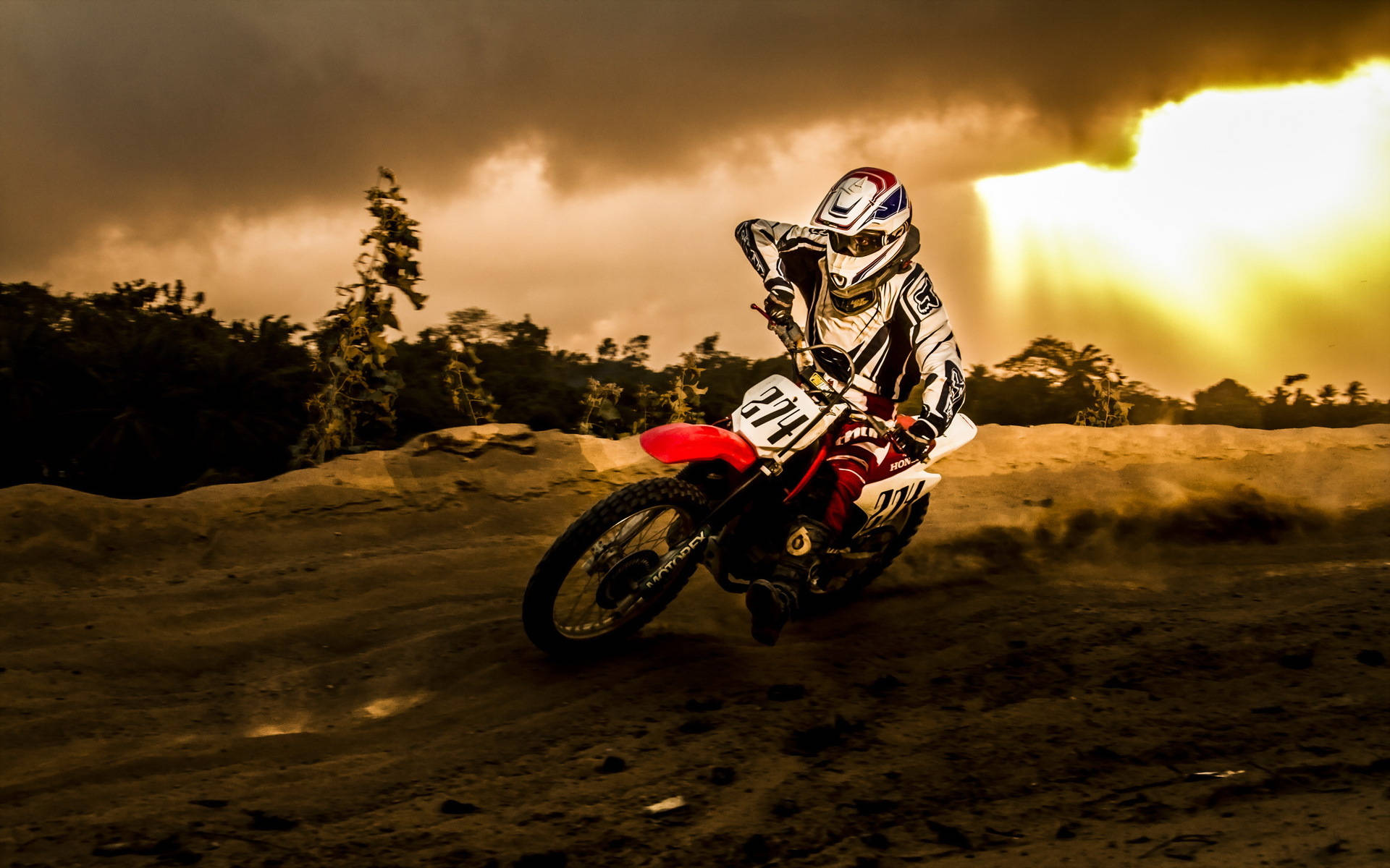 dirt track, motocross rider, golden sunlight, Full HD Desktop Wallpaper