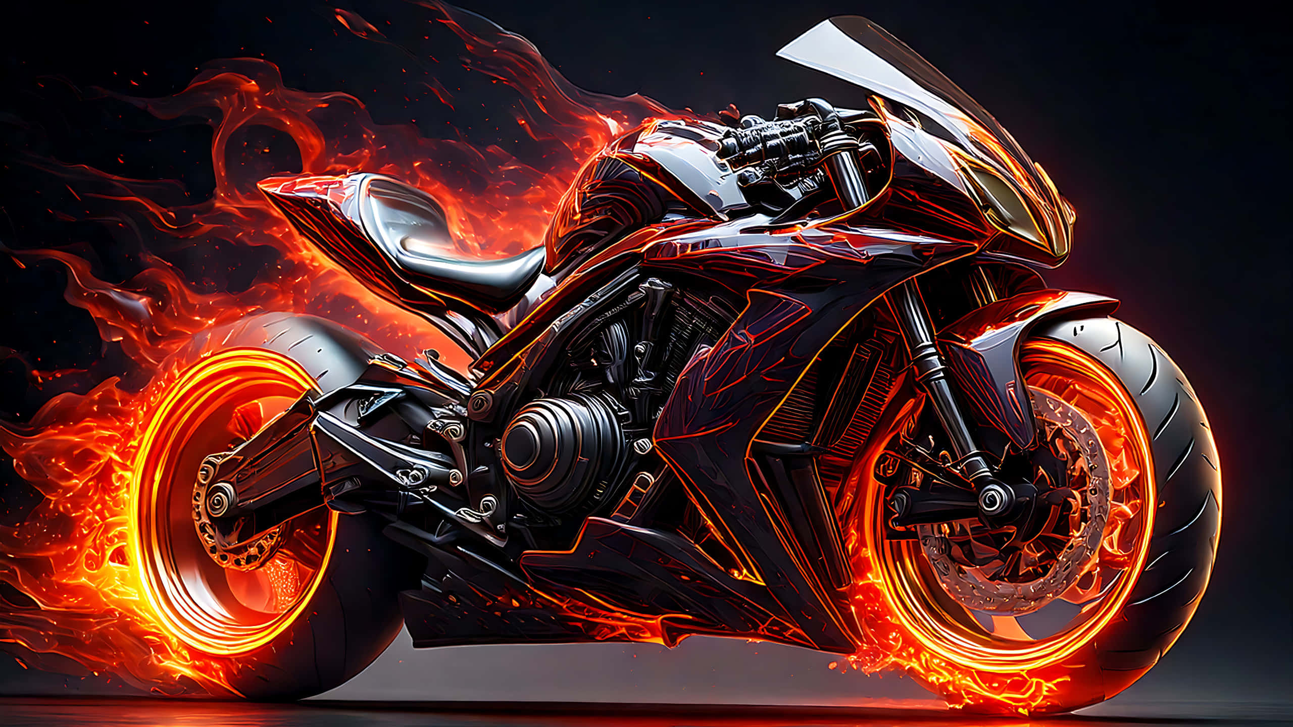 blazing superbike, sleek black motorcycle, vibrant orange flames, 2K Desktop Wallpaper