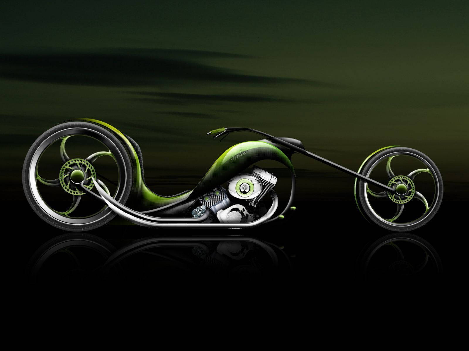 futuristic green chopper motorcycle, chrome accents, dark reflective surface, HD Desktop Wallpaper