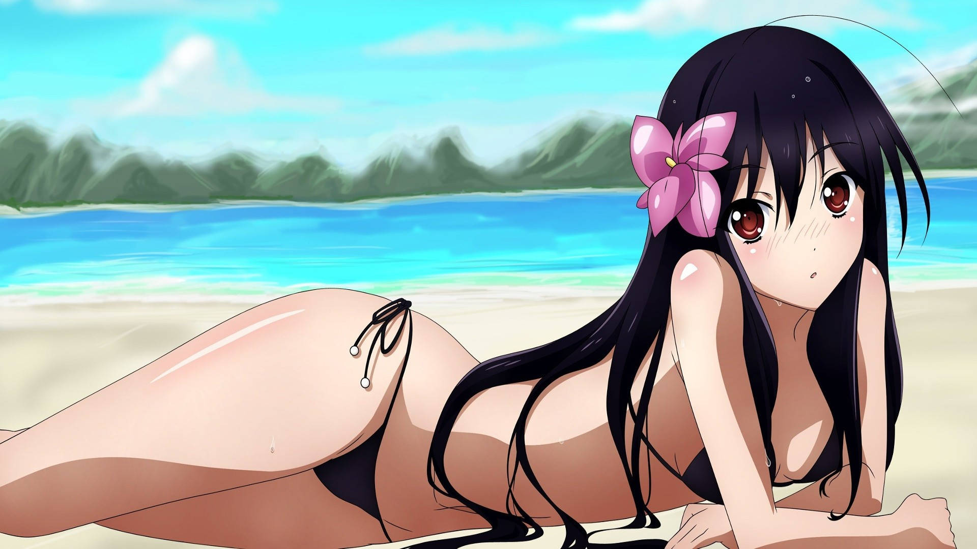 Anime girl, black hair, pink flower, Full HD Desktop Wallpaper