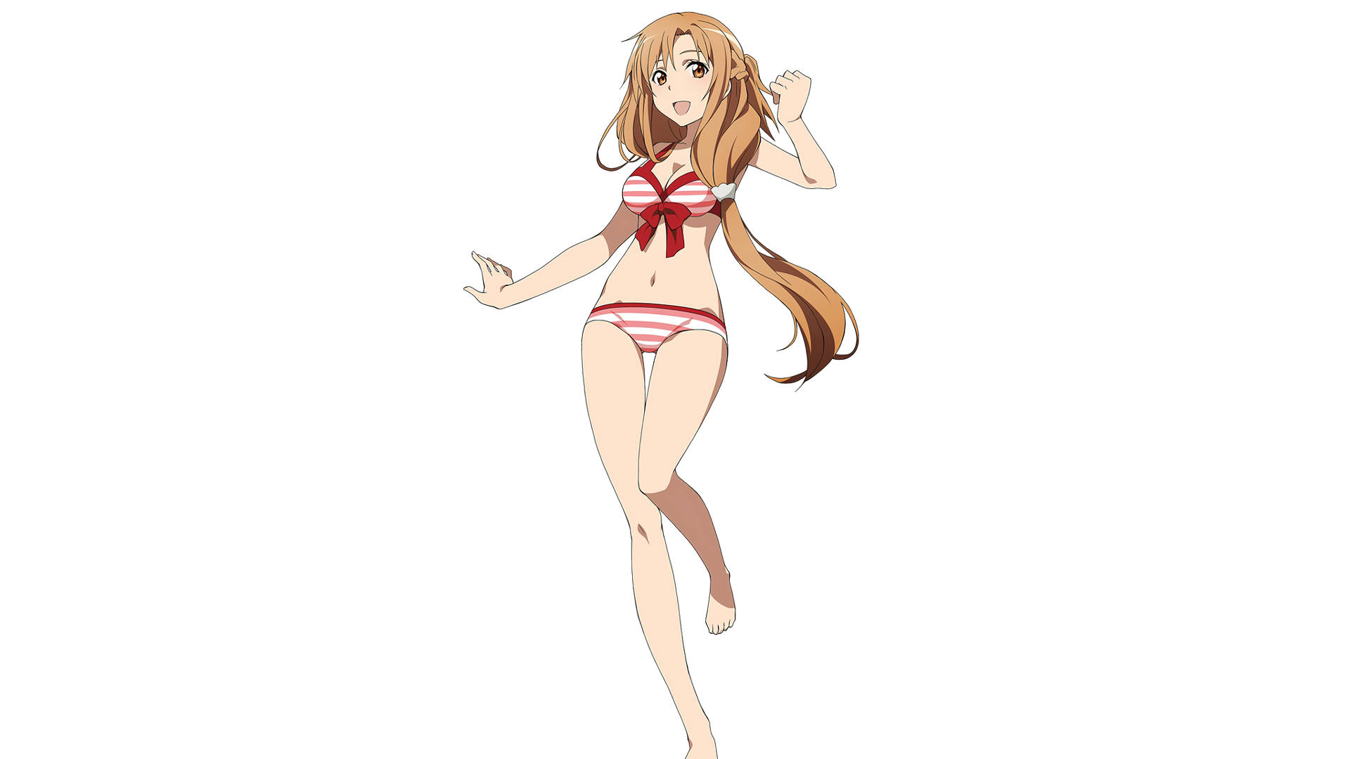 Anime girl, red and white striped bikini, long brown hair, Full HD Desktop Wallpaper