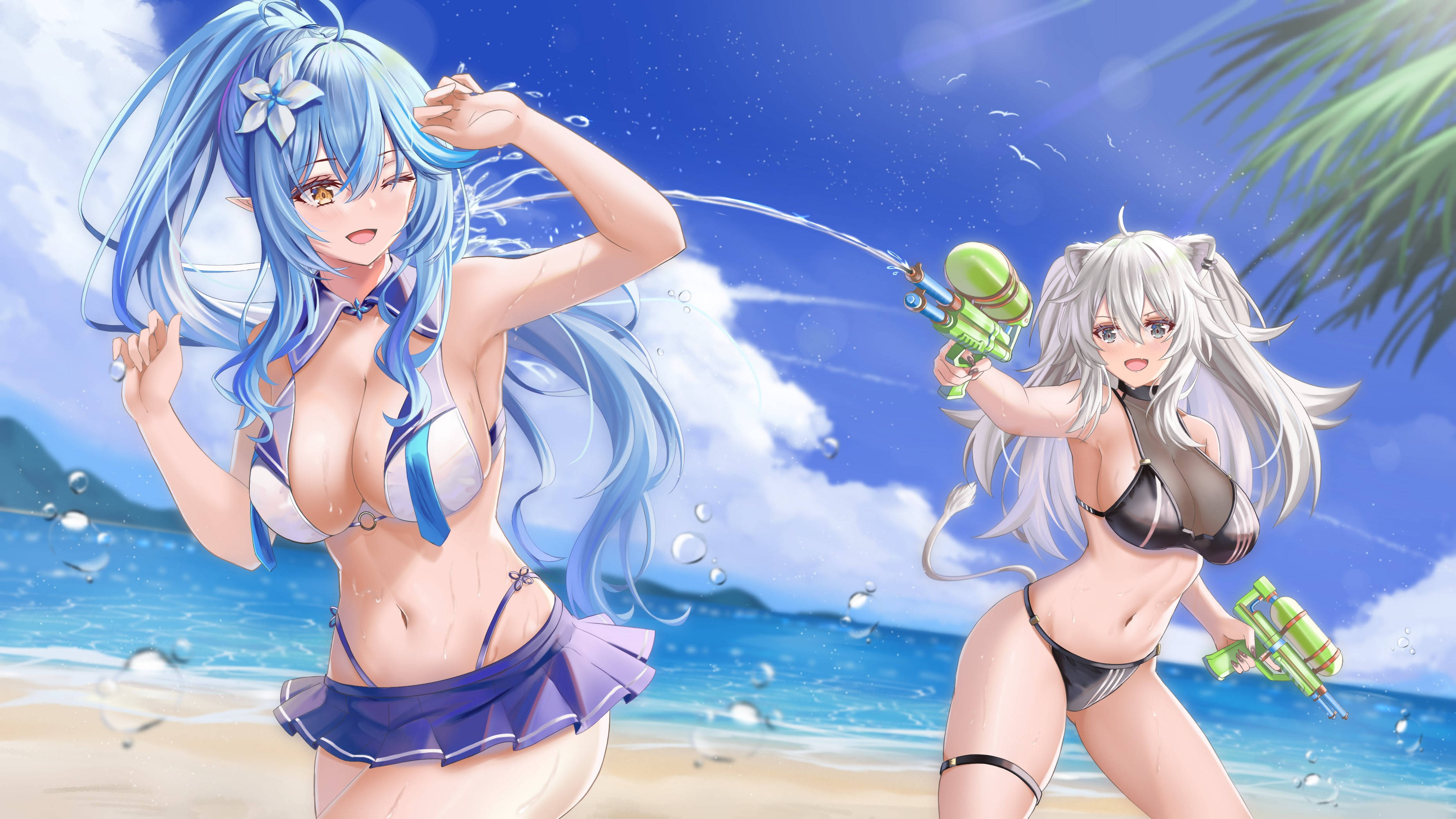 anime girls, bikinis, water gun tag, 2K Desktop Wallpaper