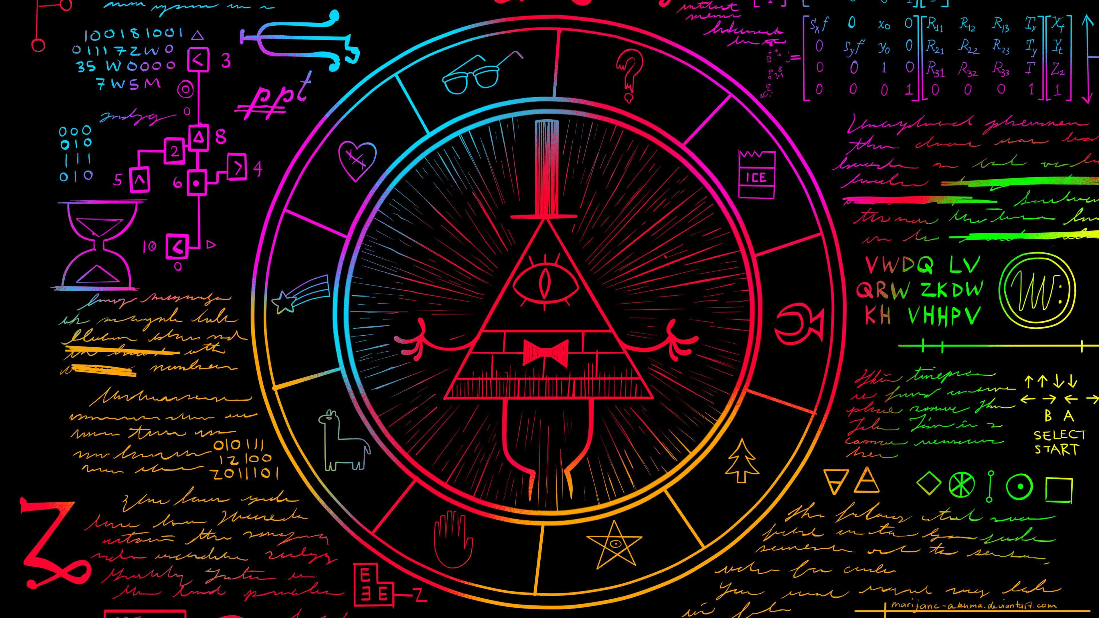 Bill Cipher, neon-lit, circular diagram, 4K Desktop Wallpaper