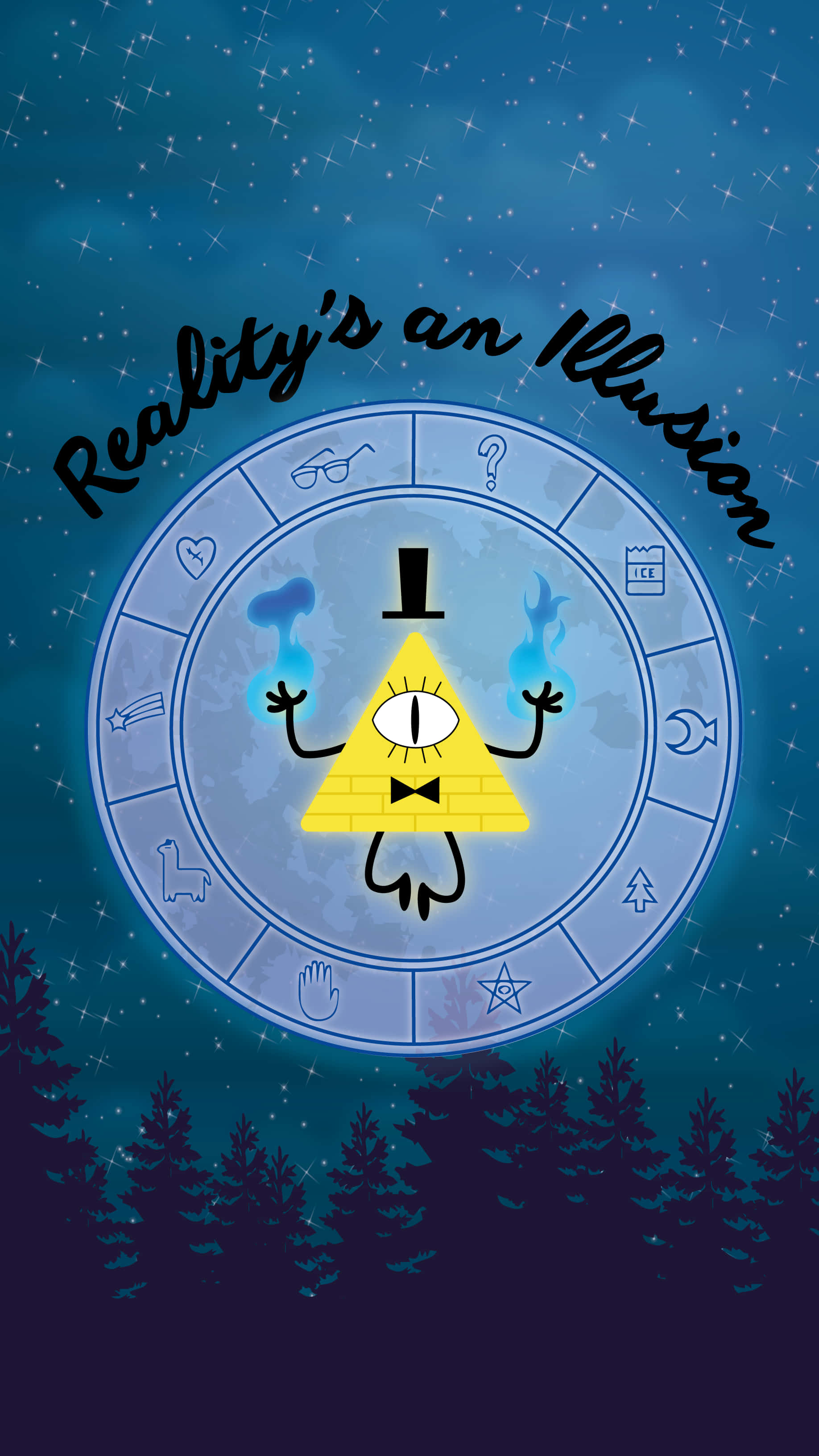 Bill Cipher, zodiac wheel, starry night sky, 2K Phone Wallpaper