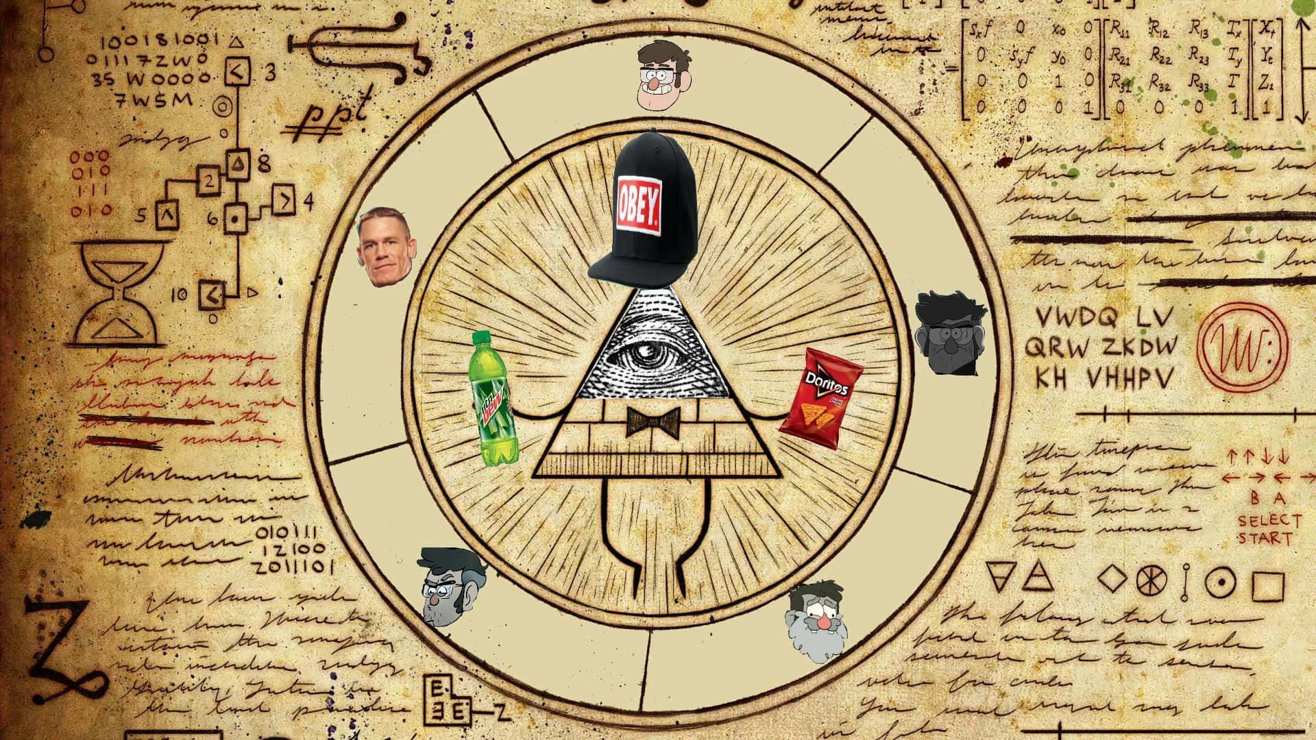 Bill Cipher, all-seeing eye pyramid, aged parchment, Full HD Desktop Wallpaper