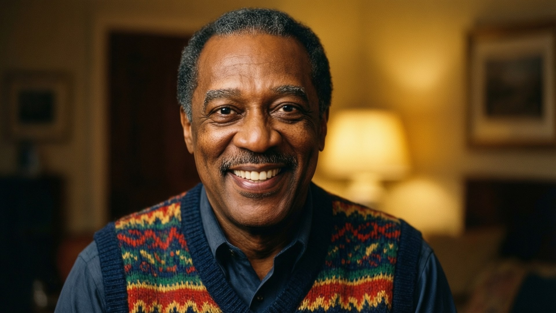 Bill Cosby, colorful sweater vest, warm smile portrait, Full HD Desktop Wallpaper