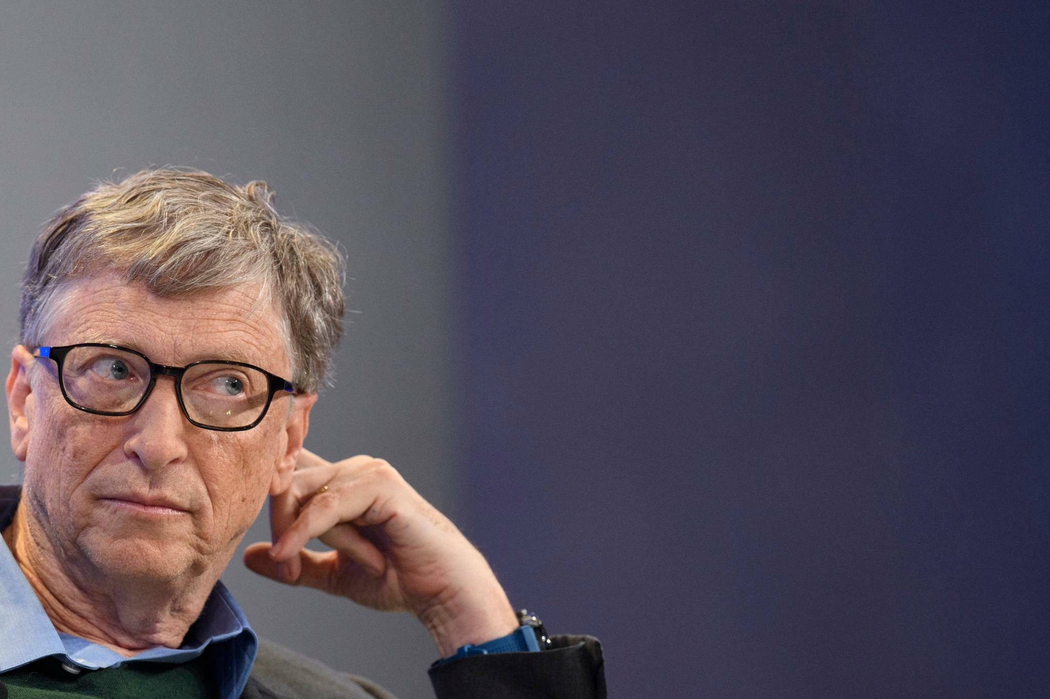 Bill Gates, glasses, muted blue-gray background, Full HD Desktop Wallpaper